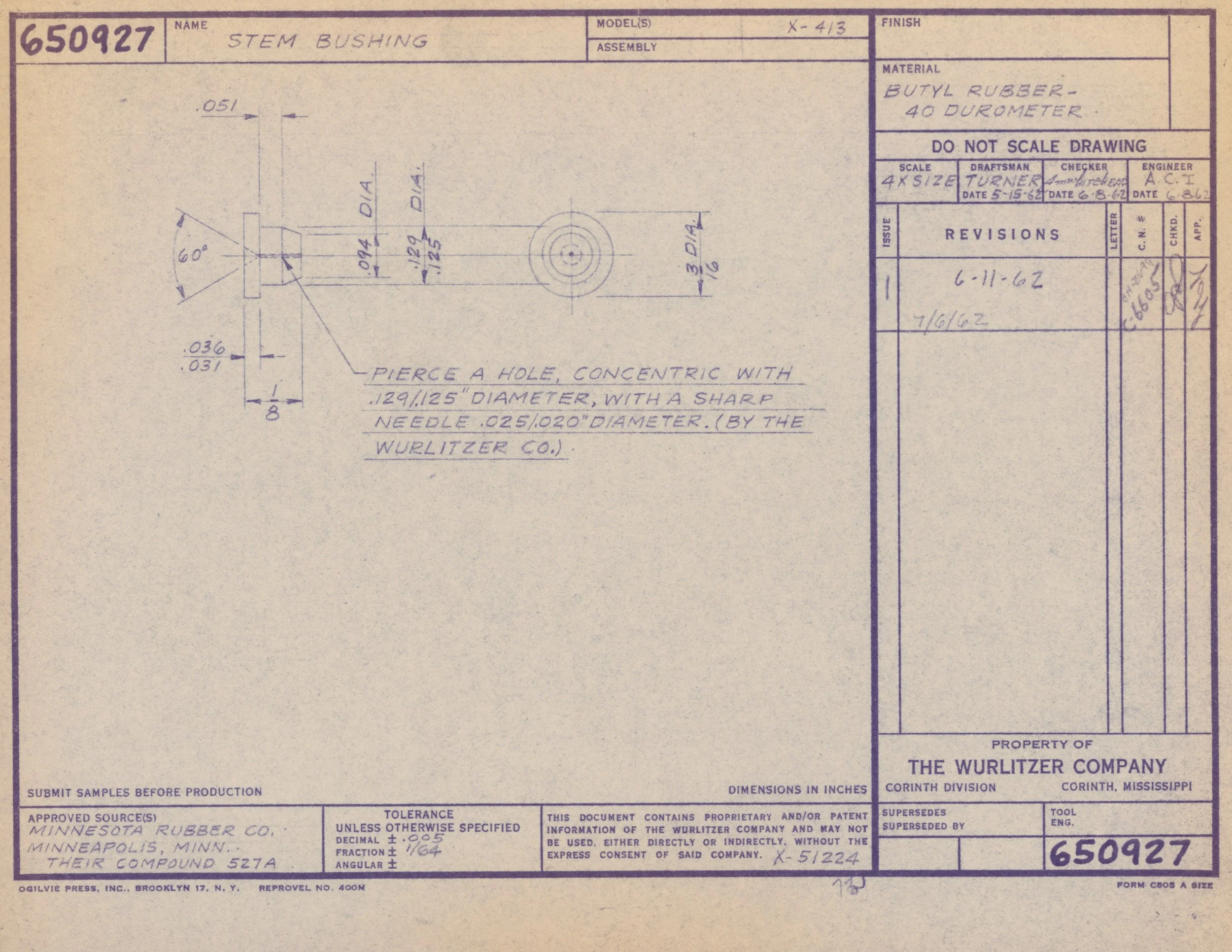 Technical engineering drawing of a stem bushing, with dimensions and notes, created by the Wuritzer Company.