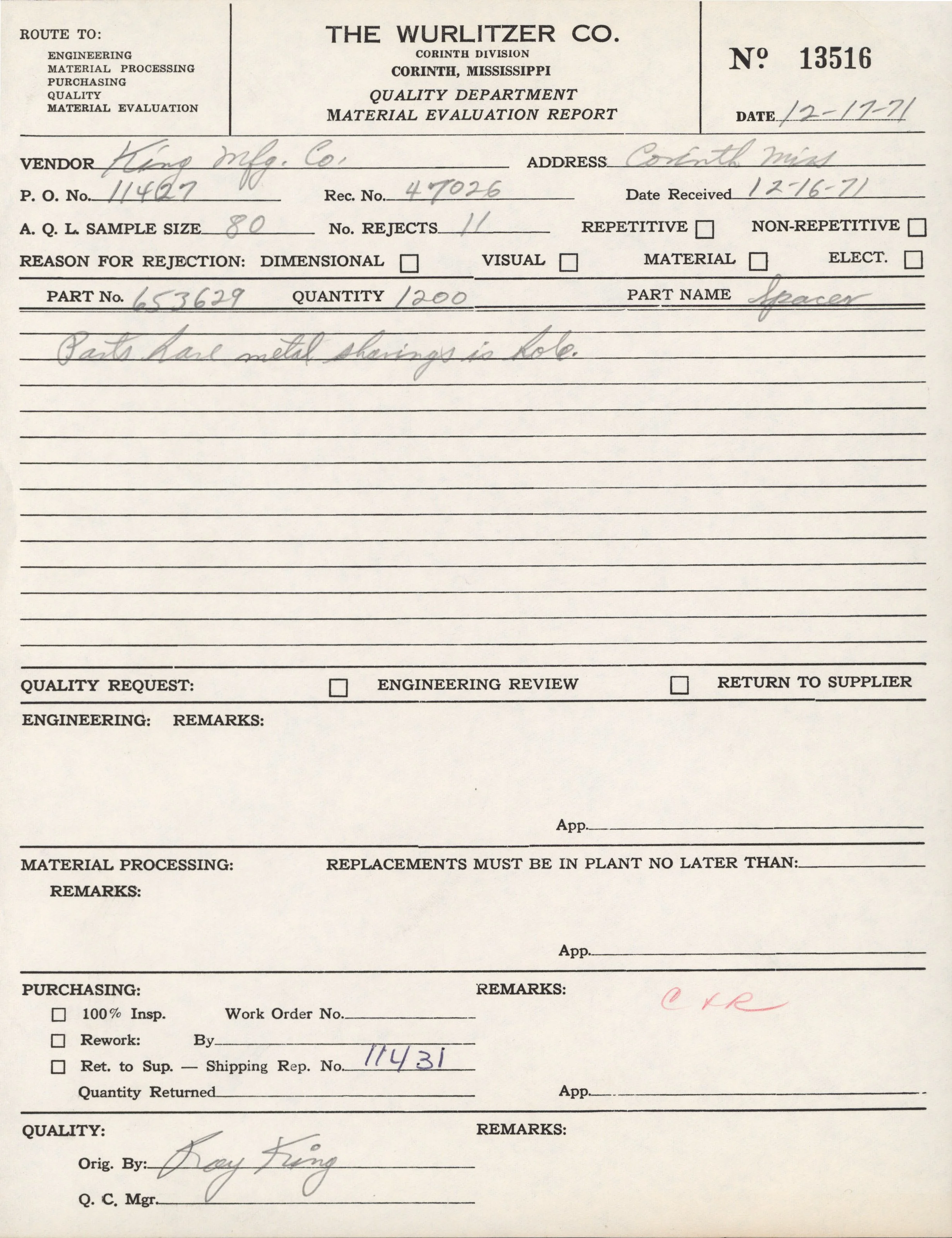 A black and white vintage material evaluation report from The Wurlitzer Co., dated December 17, 1971. It is for a batch of spacers with part number 653629, quantity 1200, sent from the vendor King Mfg. Co. to Corinth, Mississippi, with handwritten no