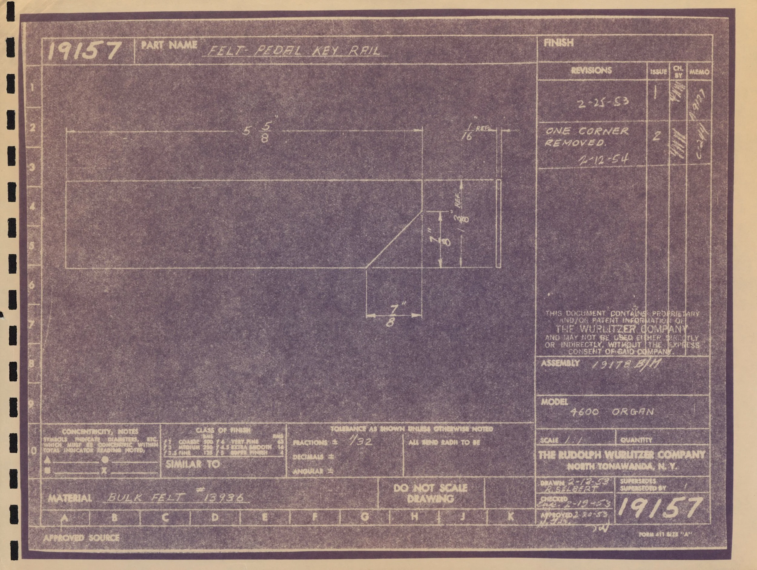 Blueprint drawing of a felt pedal key rail with measurements and construction notes, created by the Rudolph Wurlitzer Company in 1957.