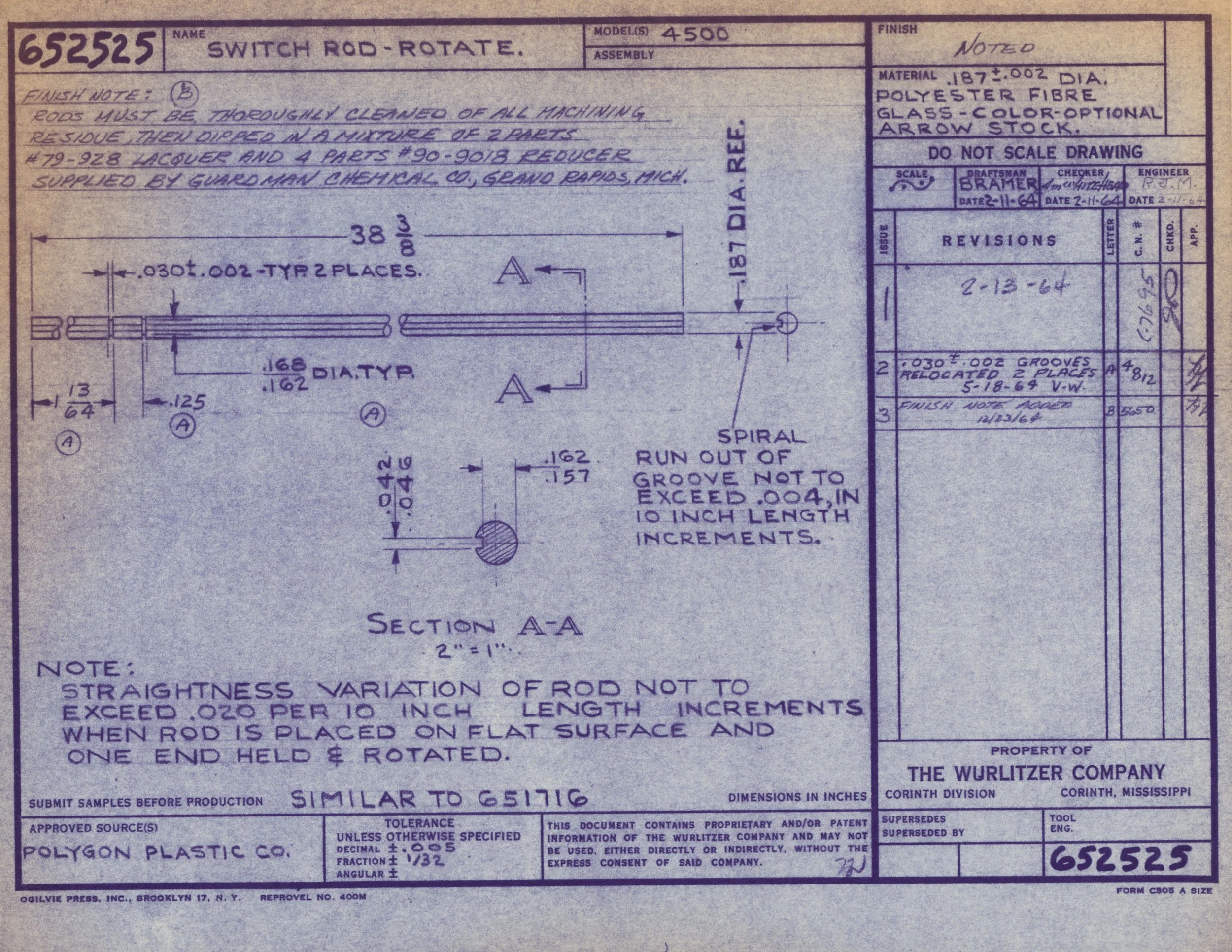 A technical blueprint or engineering drawing of a switch rod, including detailed measurements, specifications, and notes about materials and construction.