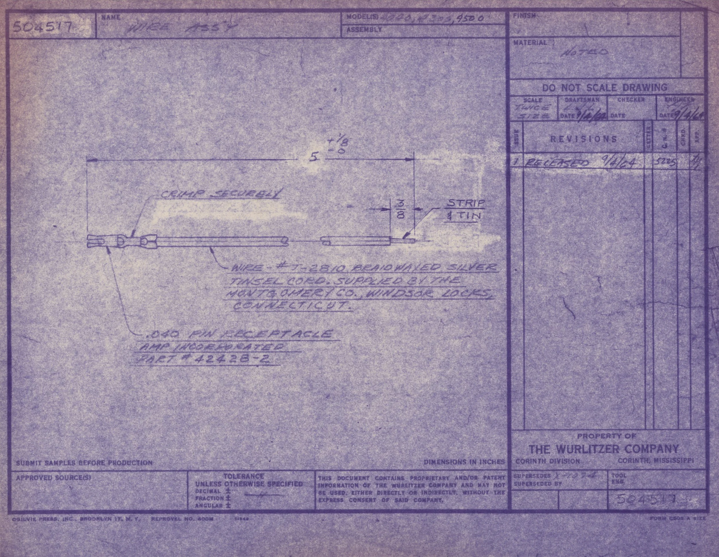 Technical blueprint or engineering drawing with handwritten annotations and measurements, titled 'WIRE ASSEMBLY' and indicating specifications for a wire connector or switch.