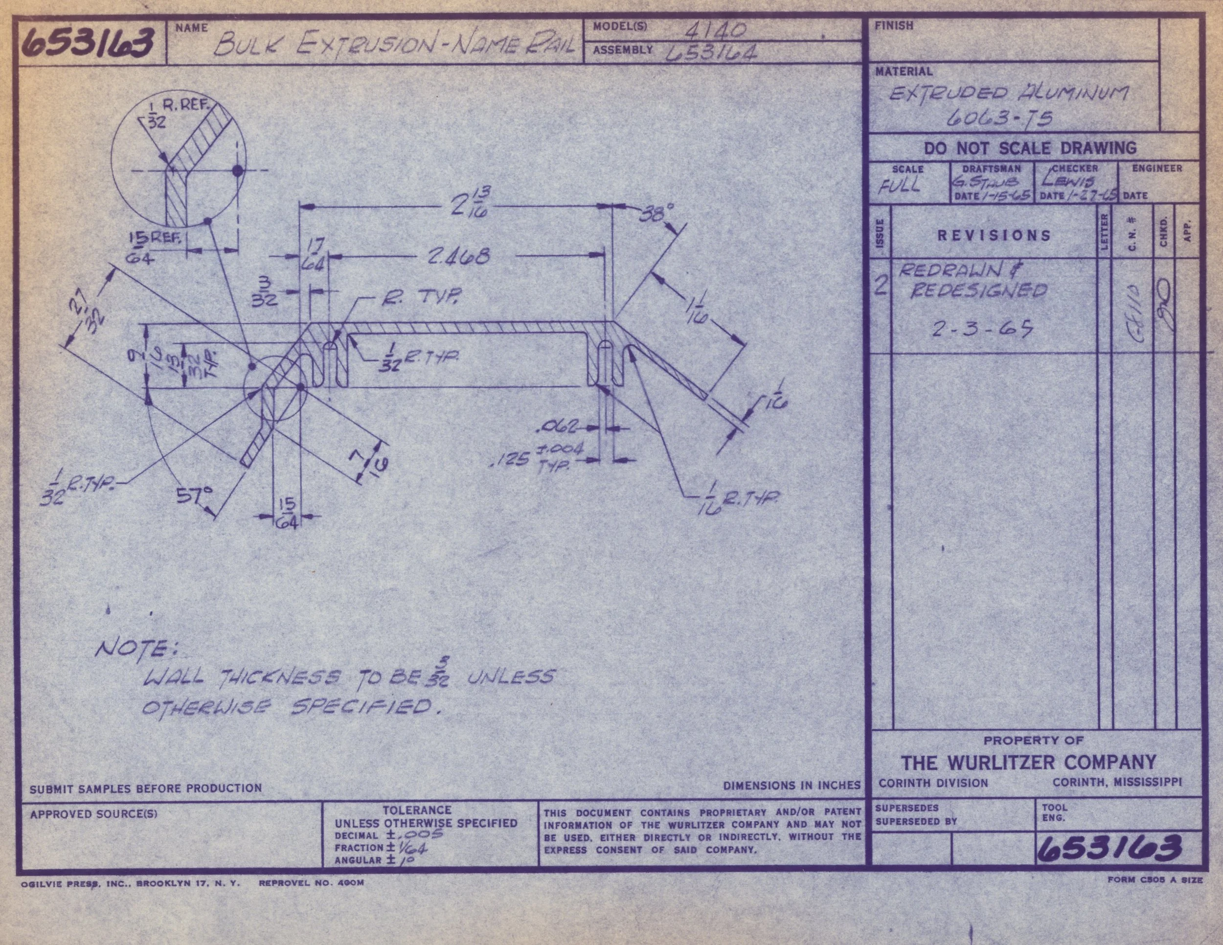 Technical drawing blueprint for a bulk extension rail designed in 1965, made of extruded aluminum, with detailed measurements and specifications.