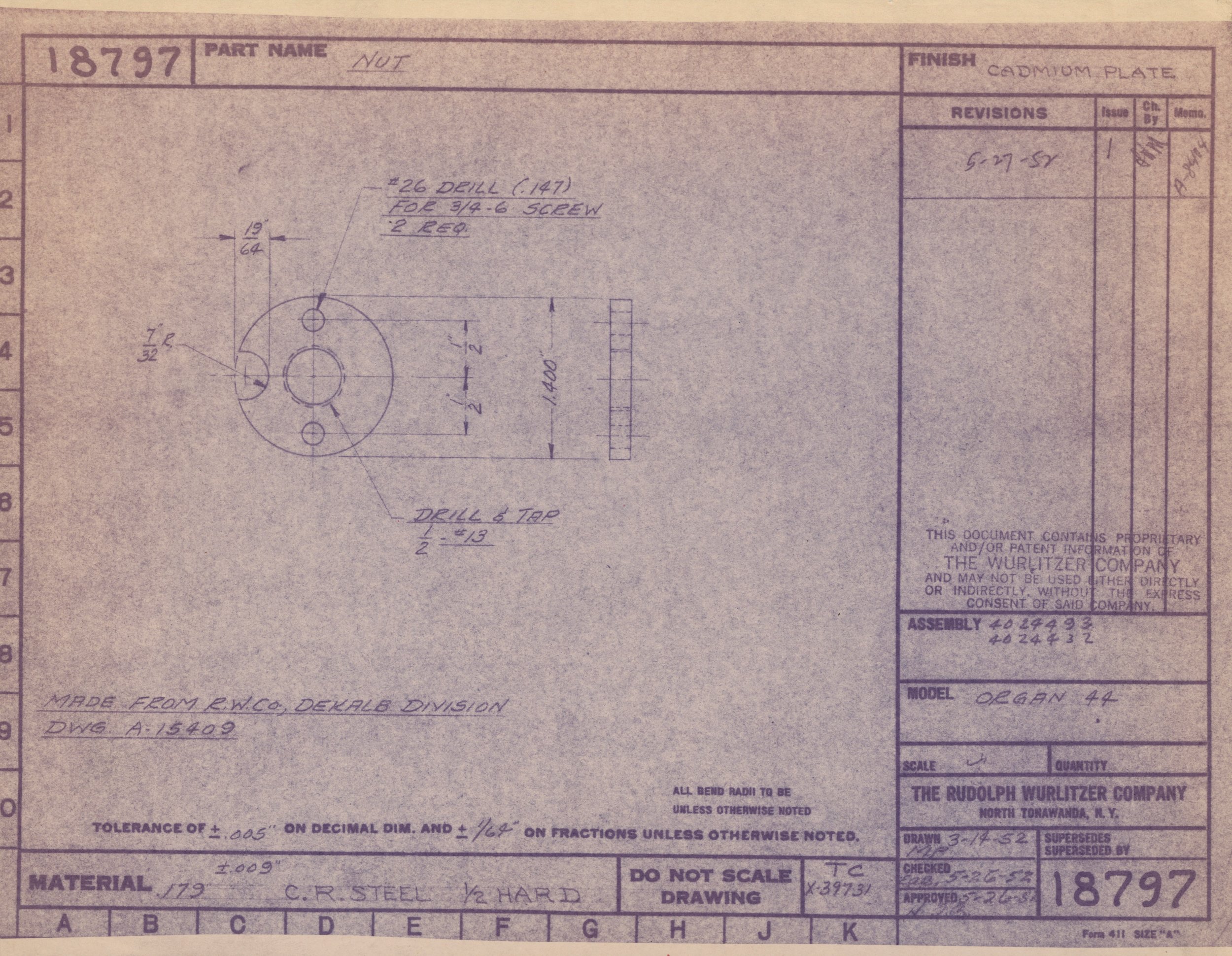 Technical drawing with measurements and notes for a part labeled 'NUT,' showing a top view and side view of a threaded nut with specifications, revision, and approval details.