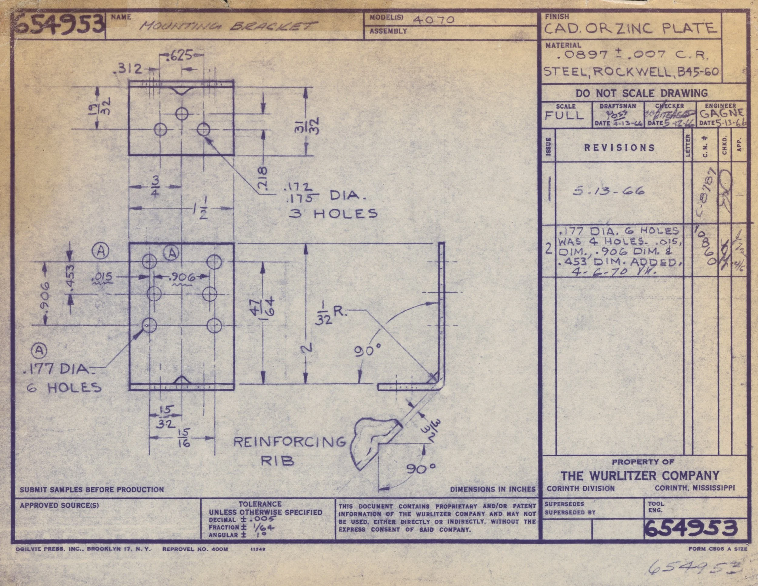 Technical engineering drawing of a mounting bracket with detailed measurements, annotations, and material specifications, created by The Wurlitzer Company.