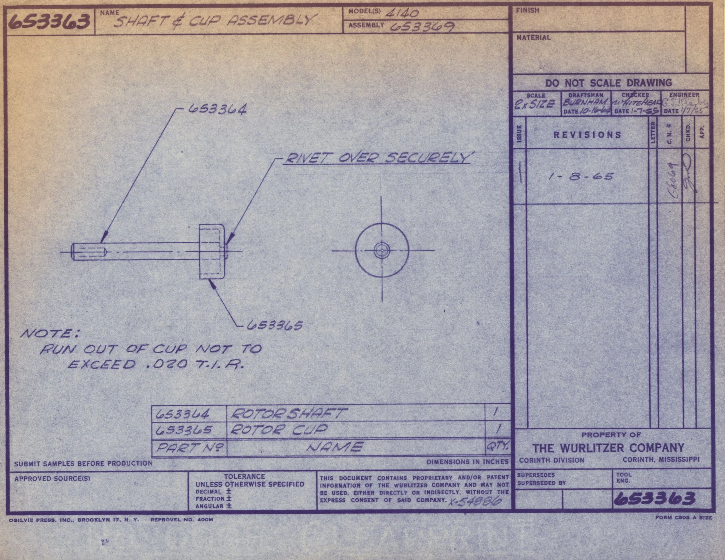 Technical engineering drawing blueprint of the shaft and cup assembly, including labeled dimensions and notes, from The Wurlitzer Company.