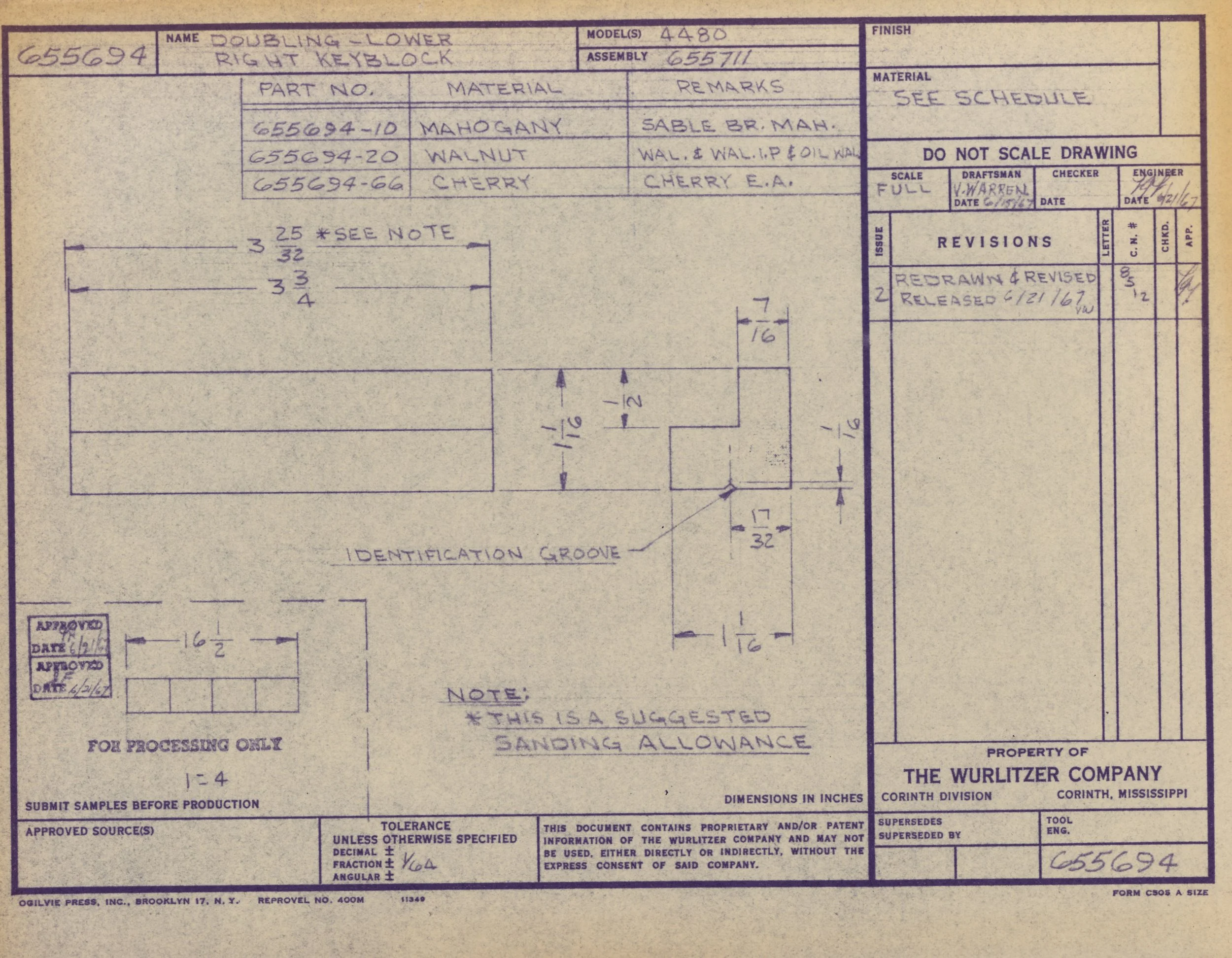 Blueprint of a right keyboard with specific measurements, materials, and revisions, property details, and approval signatures.