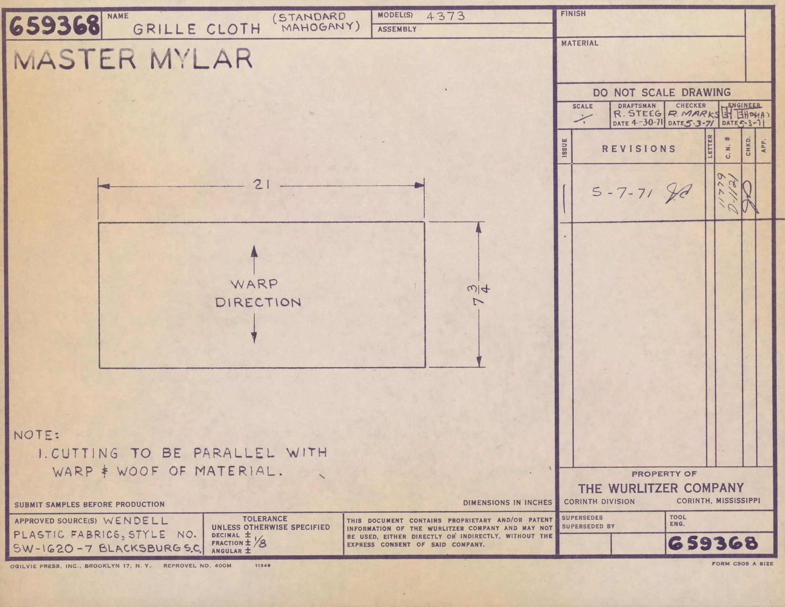 A technical drawing or blueprint for a material called "Grille Cloth" made of mahogany. The document includes measurements, instructions, and signatures from various engineers and draftsmen, with a note about cutting the material to be parallel and t