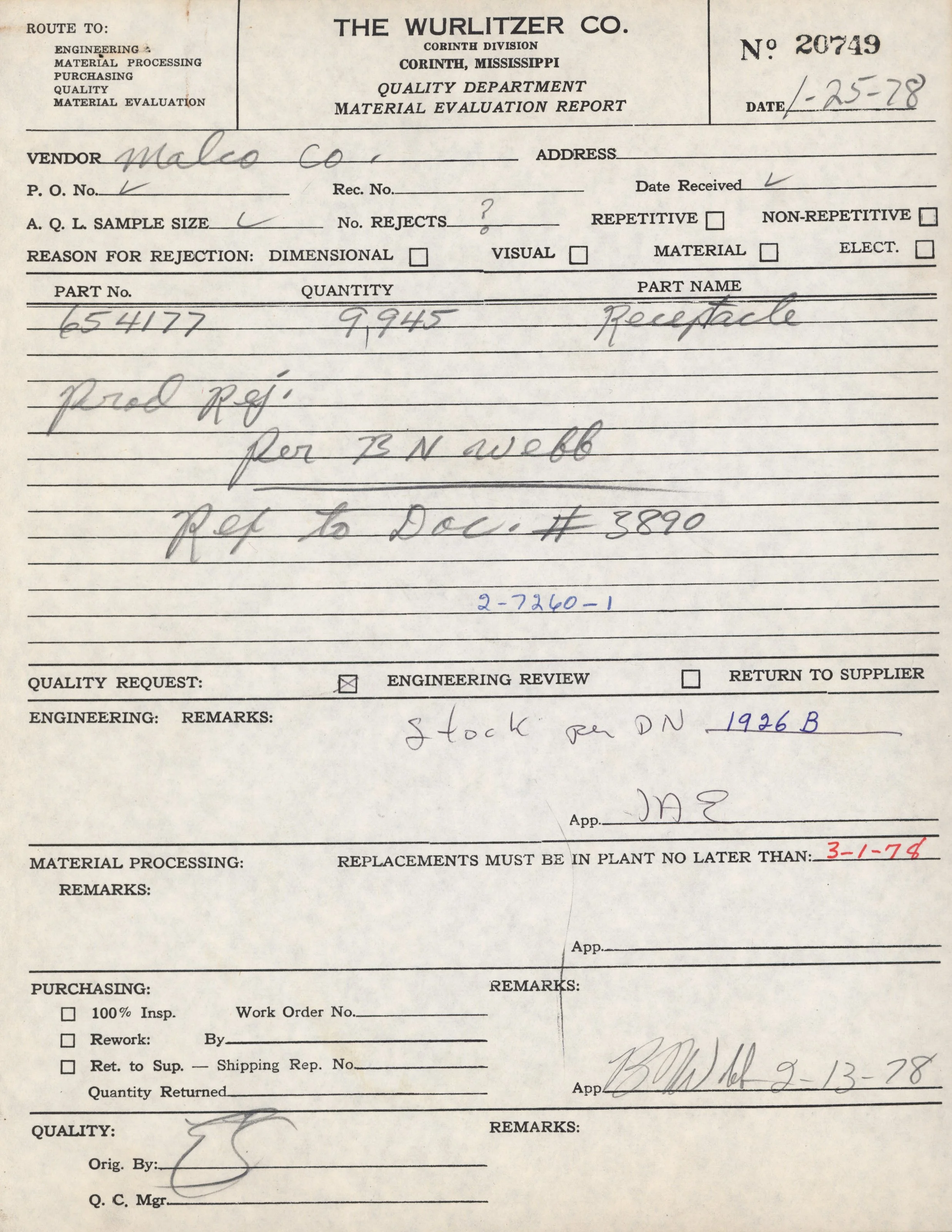 Document titled 'Quality Department Material Evaluation Report' from 'The Wurlitzer Co., Corinth Division, Corinth, Mississippi' dated 1-25-78. Contains handwritten notes, part numbers, quantities, and some signatures.