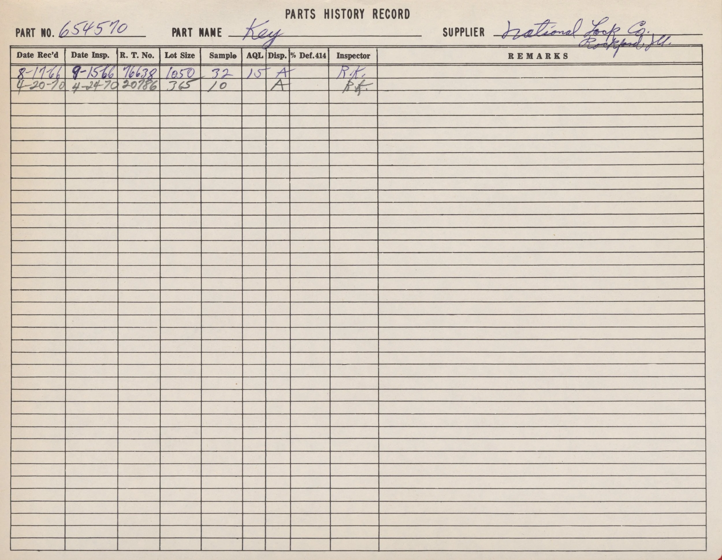 A handwritten record titled 'Parts History Record' with details about a part number 654570, named 'Key', supplied by National Lock Co. in Rockford, Illinois. The document includes dates, inspection details, and remarks.