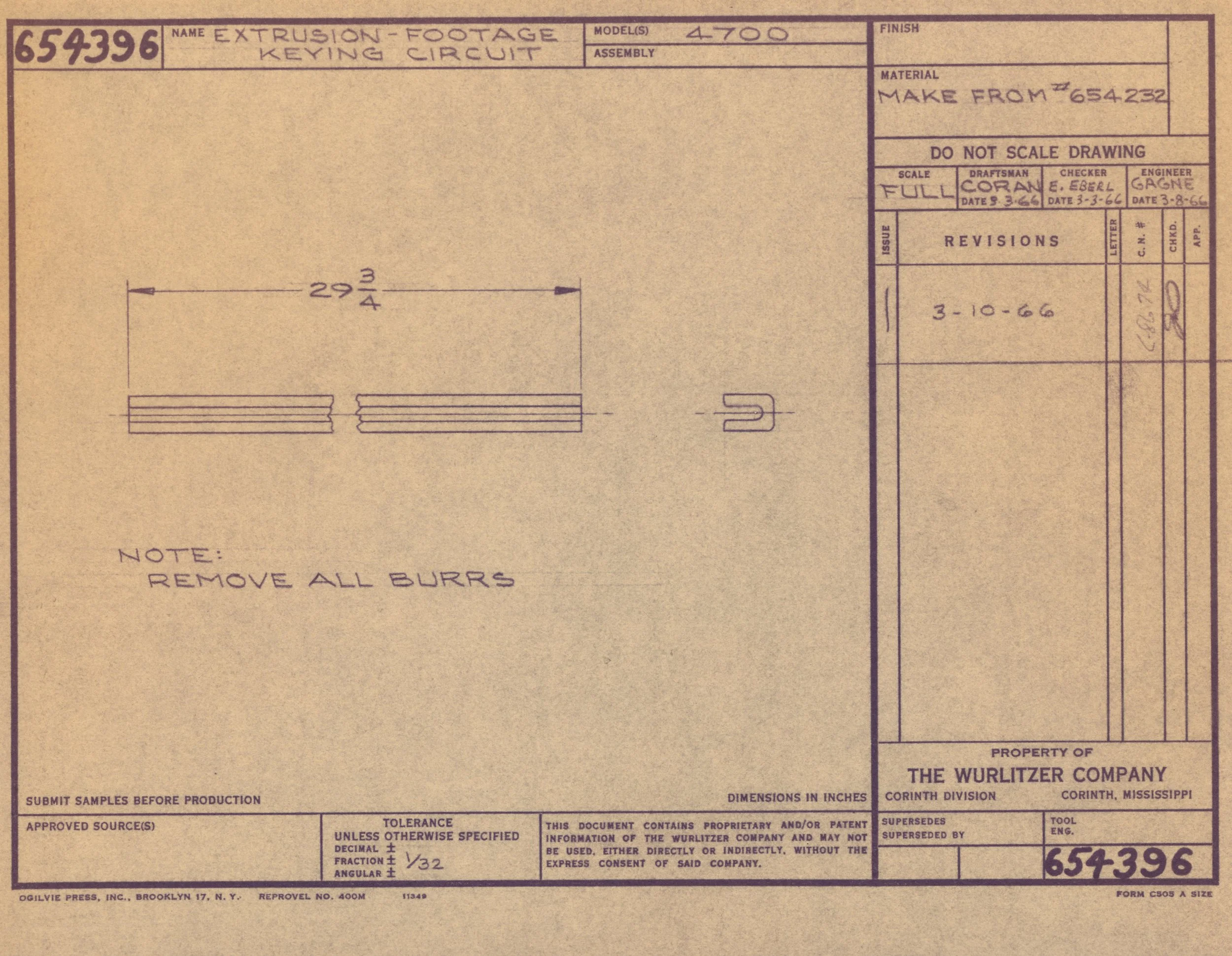 Blueprint for an extrusion-footage keyring circuit with detailed measurements and technical annotations, produced by The Wurlitzer Company.
