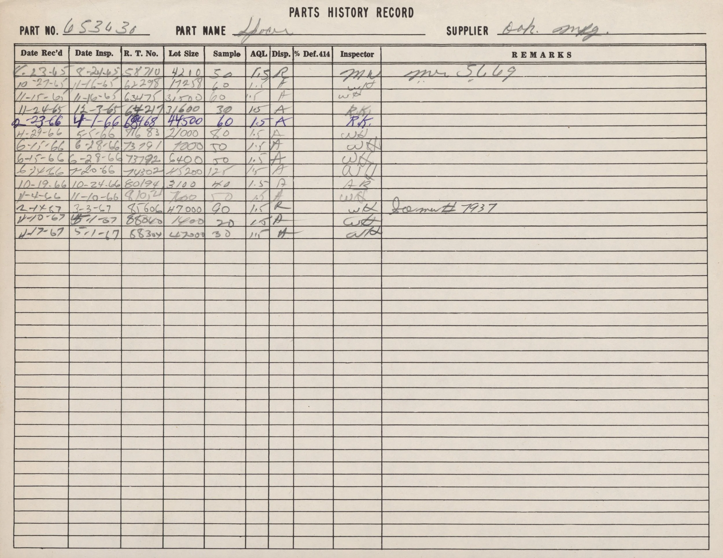 A handwritten record sheet titled 'Parts History Record' with columns for part number, part name, supplier, dates, and remarks. The part number is 6536436, and the part name appears to be 'Gear'. The supplier is listed as 'Oeh. Oohl'. Multiple entrie