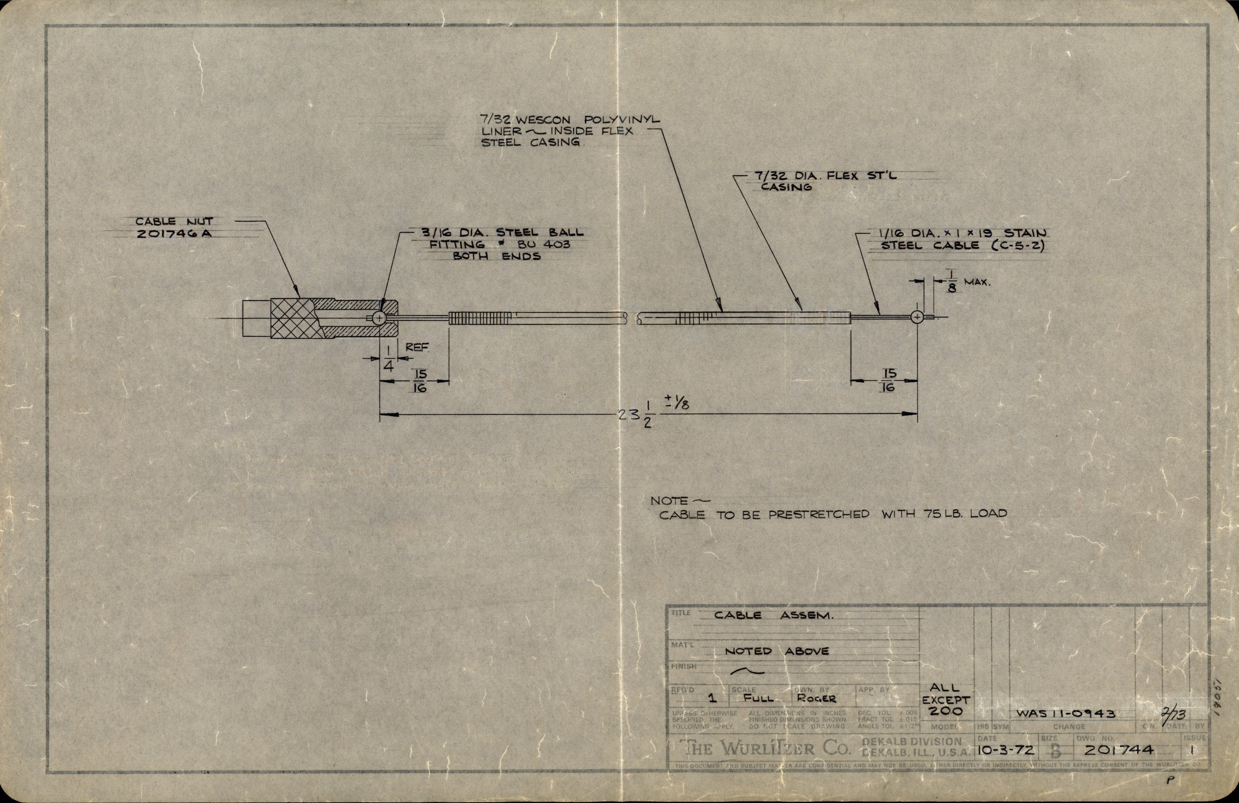 Technical drawing of cable assembly with detailed measurements, components, and specifications.