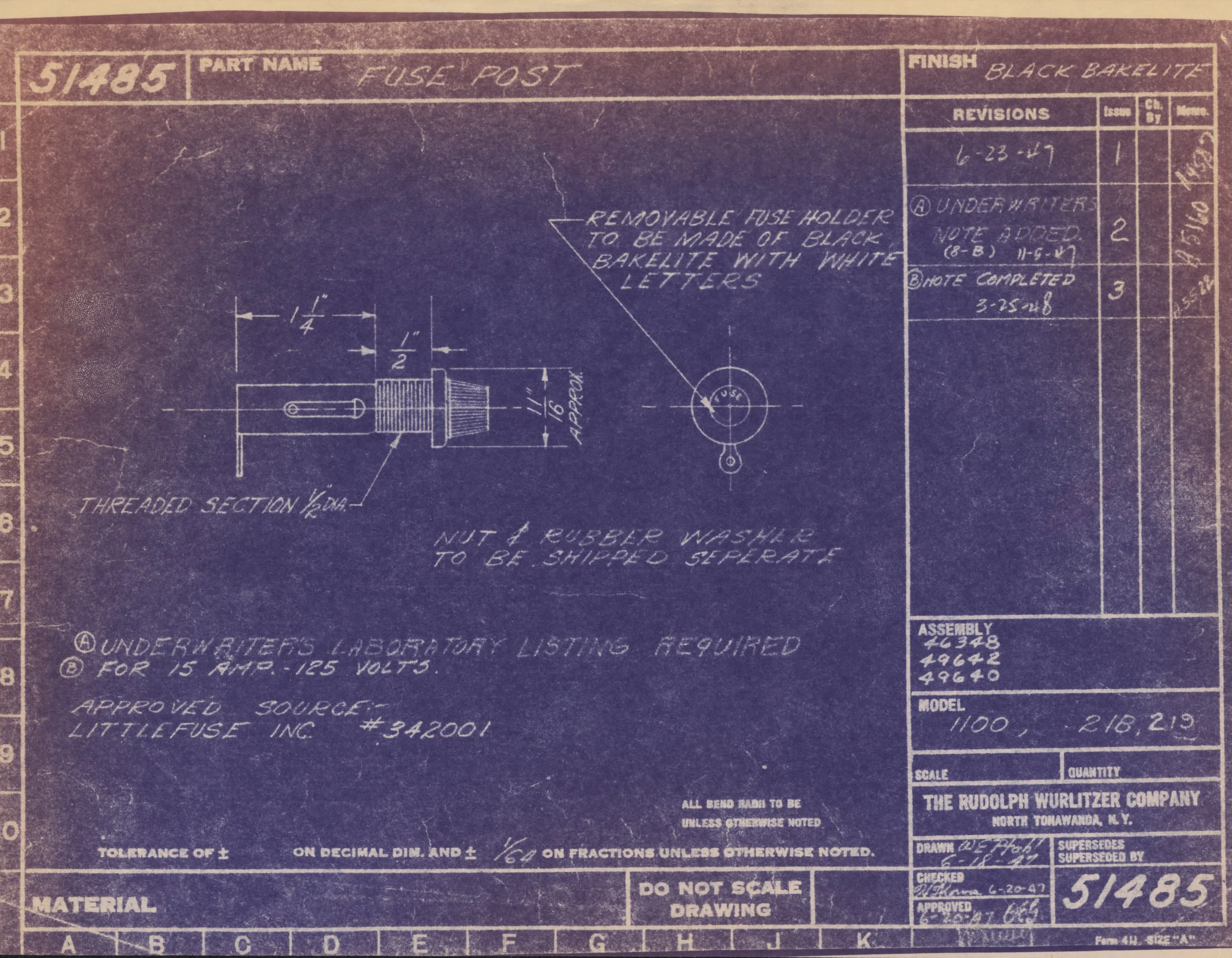 Blueprint for a fuse post, showing detailed measurements, instructions, and specifications from Littlefuse Inc., with notes on removable fuse holder, ratings for 15 and 25 amps, and approval information from Rudolph Wurlitzer Company.