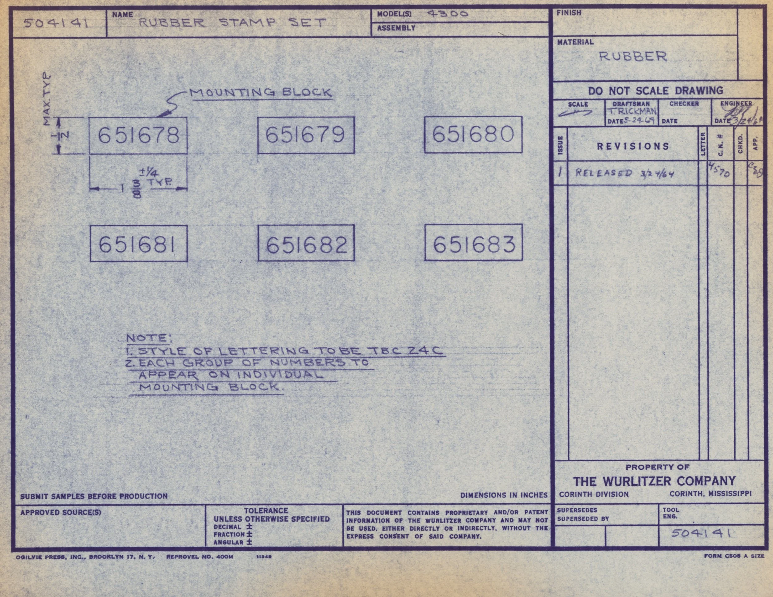 Blueprint for a rubber stamp set, including individual rubber stamps numbered 651678 to 651683, with mounting blocks and dimensions, created by The Wurlitzer Company, dated March 24, 1964.