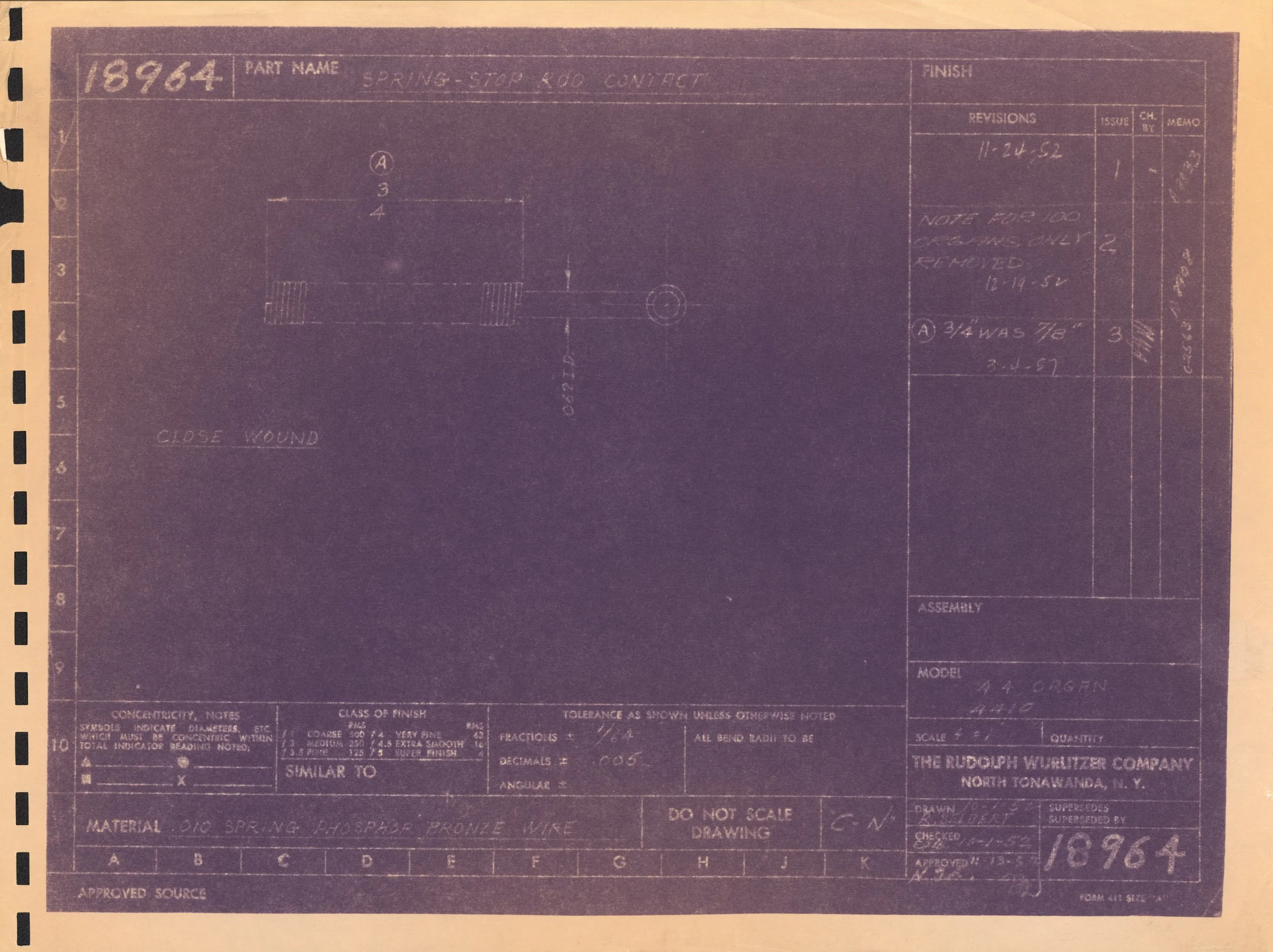 A technical blueprint drawing for a spring-stop rod disconnect part, dated 1952, produced by The Rudolph Wurzler Company. The blueprint includes detailed notes, measurements, and specifications.