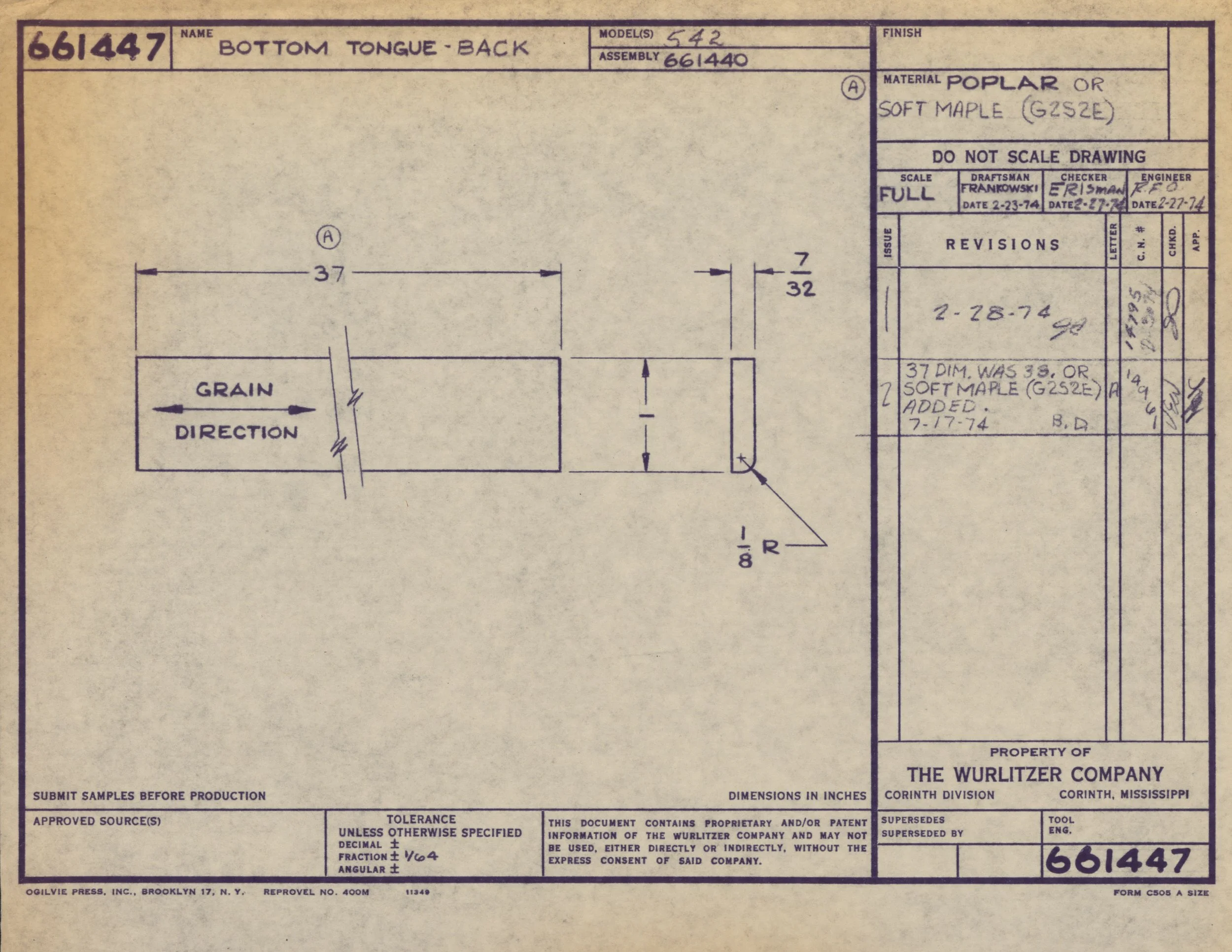Technical drawing or blueprint for a part labeled "Bottom Tongue-Back," showing measurements and specifications, with handwritten notes and approval stamps.