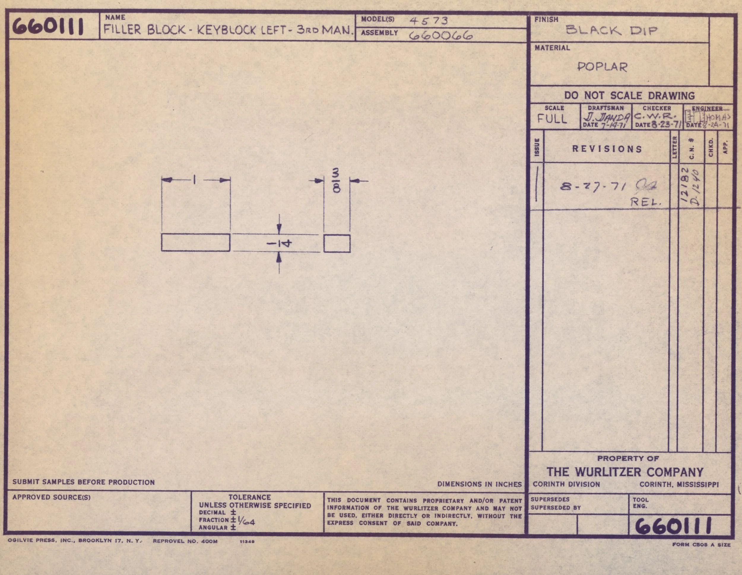 Technical drawing or blueprint of a filler block, labeled as 'Filler Block - Keyblock Left - 3rd Man,' with model number 4573 and assembly number 660066. The drawing indicates the finish as 'Black Dip' and material as 'Poplar.' It includes measuremen