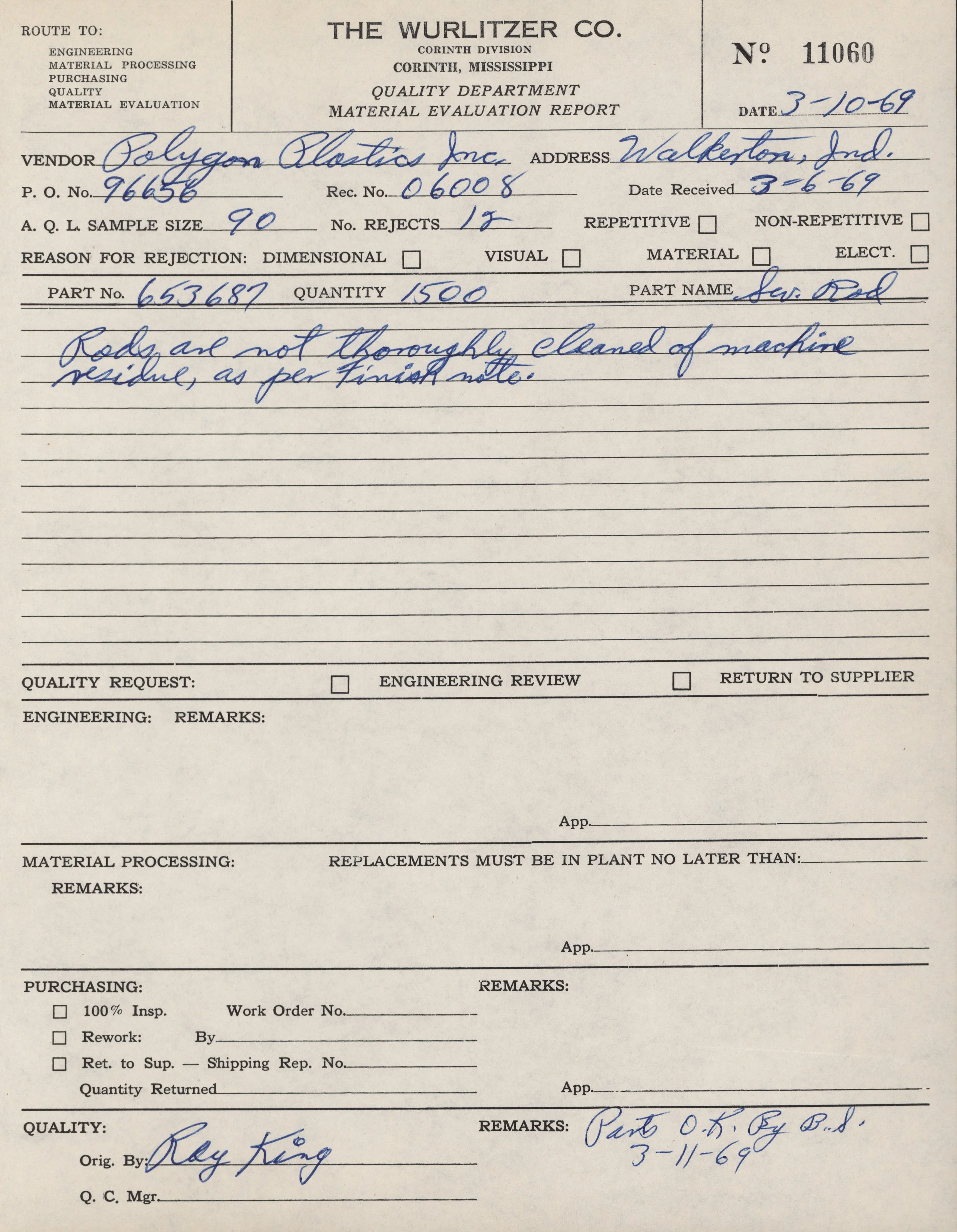A formatted quality department material evaluation report from The Wurlitzer Co., dated March 10, 1969. Contains handwritten notes, including part number 653687, quantity 1500, and remarks about parts not thoroughly cleaned. Signed by Ray King.