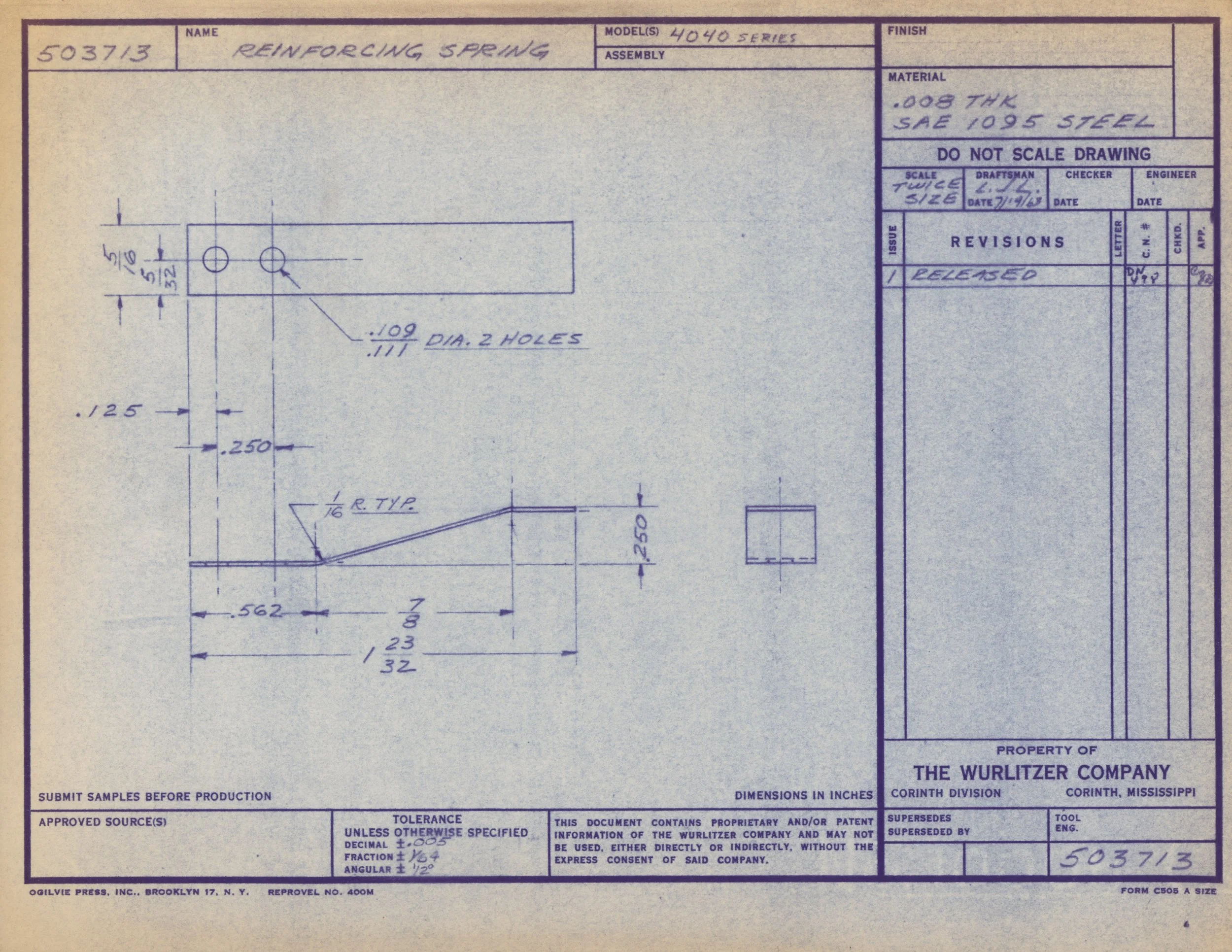 Blueprint drawing of a reinforcing spring with detailed technical dimensions and specifications.