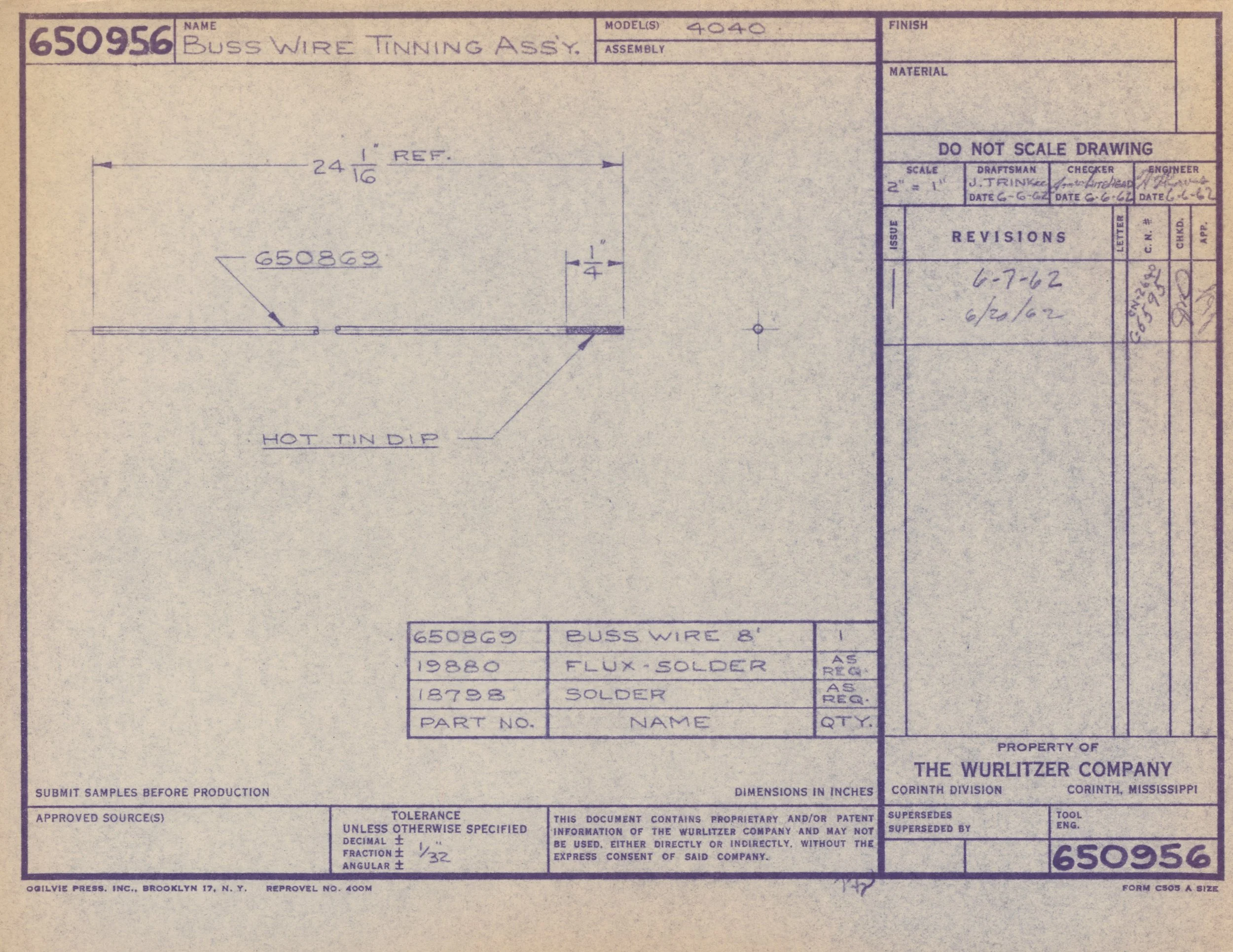 Technical drawing of a wire tining assembly with dimensions, labeled 'Buss Wire Tinning Ass'y' and date 6-6-62.