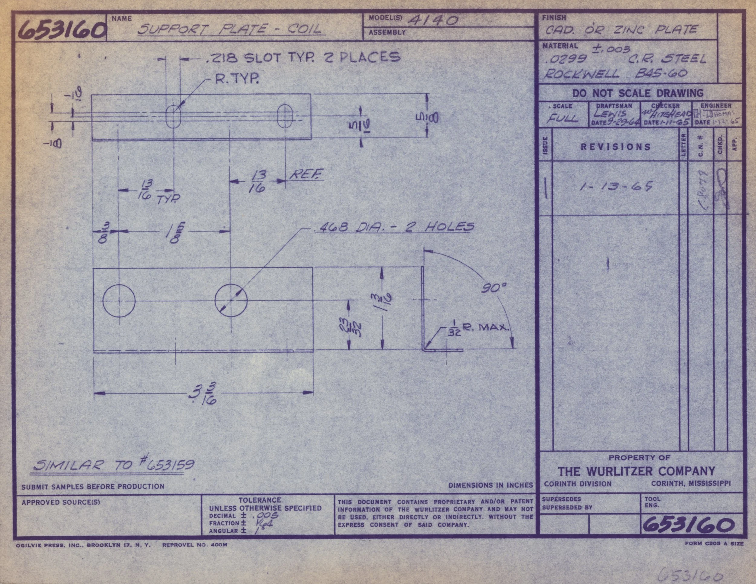 Technical engineering drawing of a support plate with dimensions, notes, and annotations, including screw hole details and material specifications, from a blueprint used in manufacturing.
