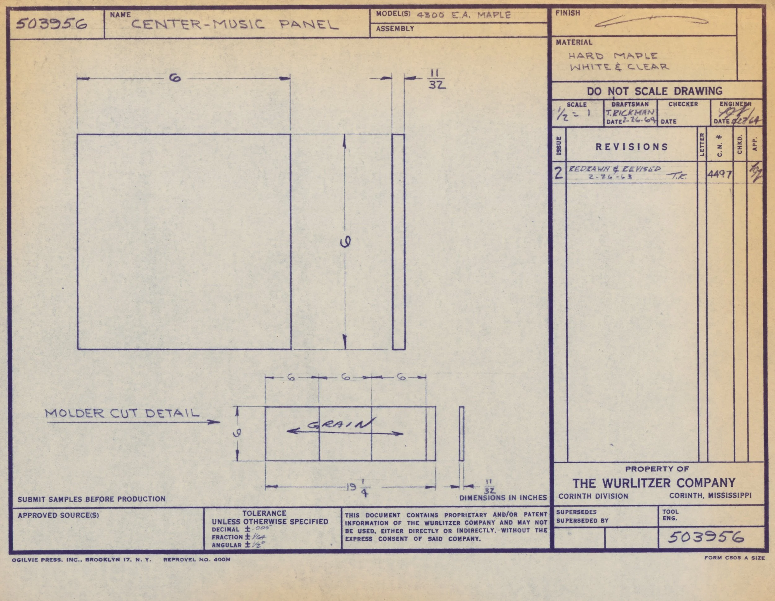 Blueprint drawing of a center music panel made of hard maple in white and clear finish, with various measurements and design details, created by The Wurlitzer Company.