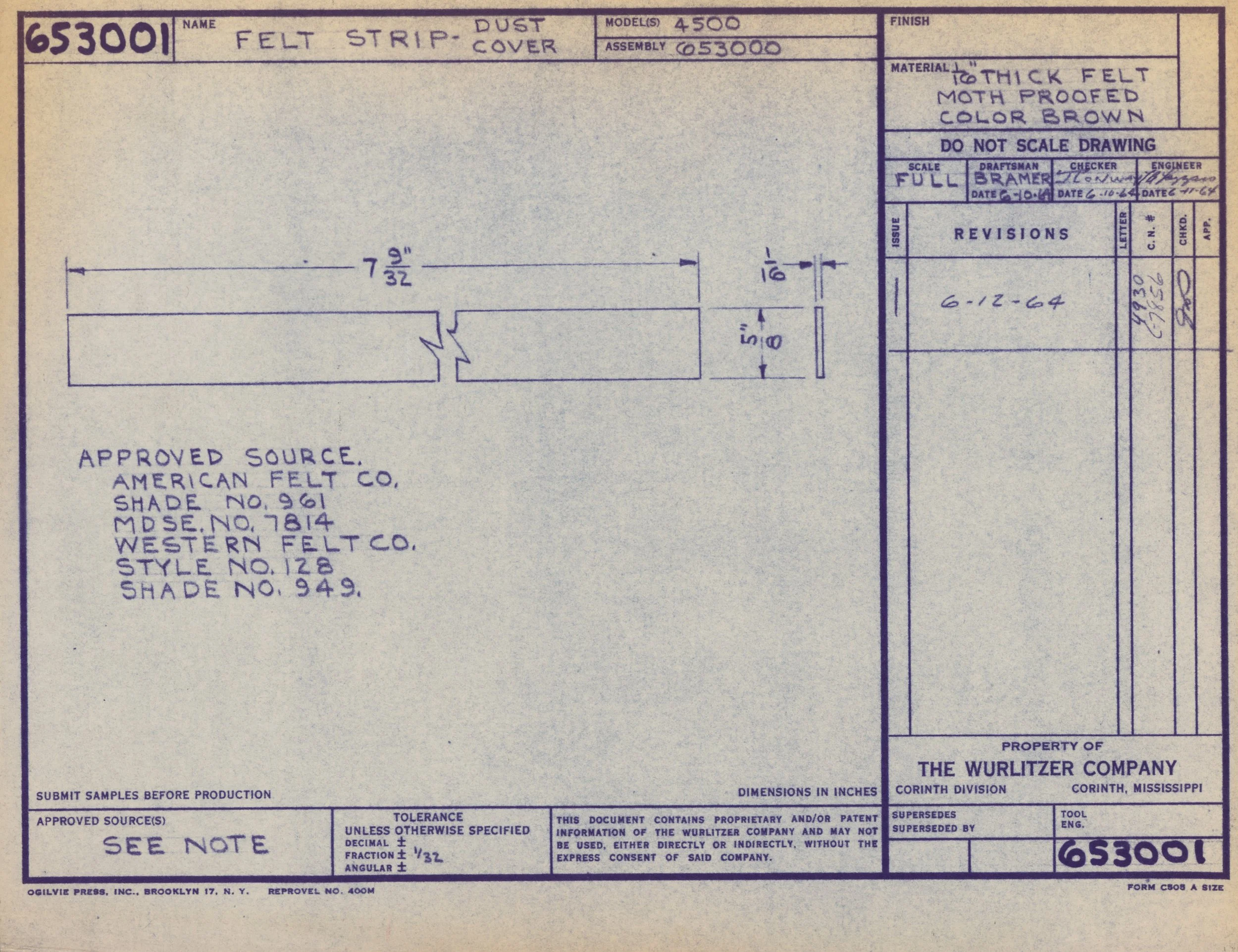 Blueprint or technical drawing of a felt strip dust cover, with dimensions and manufacturing details, produced by The Wurlitzer Company in Corinth, Mississippi.