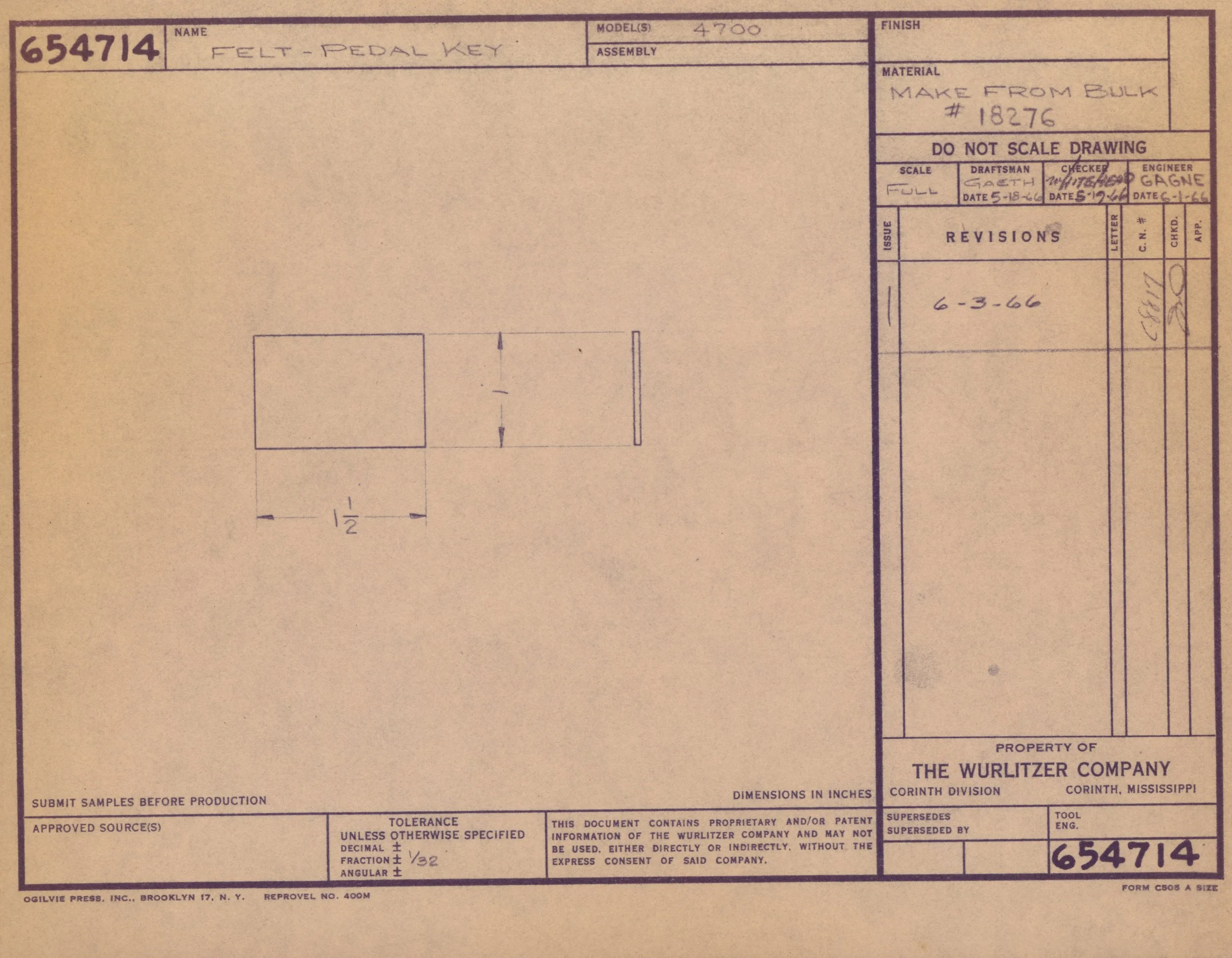 A technical blueprint or patent drawing for a felt pedal key, including dimensions, revision history, and manufacturer information, with handwritten notes and official stamps.