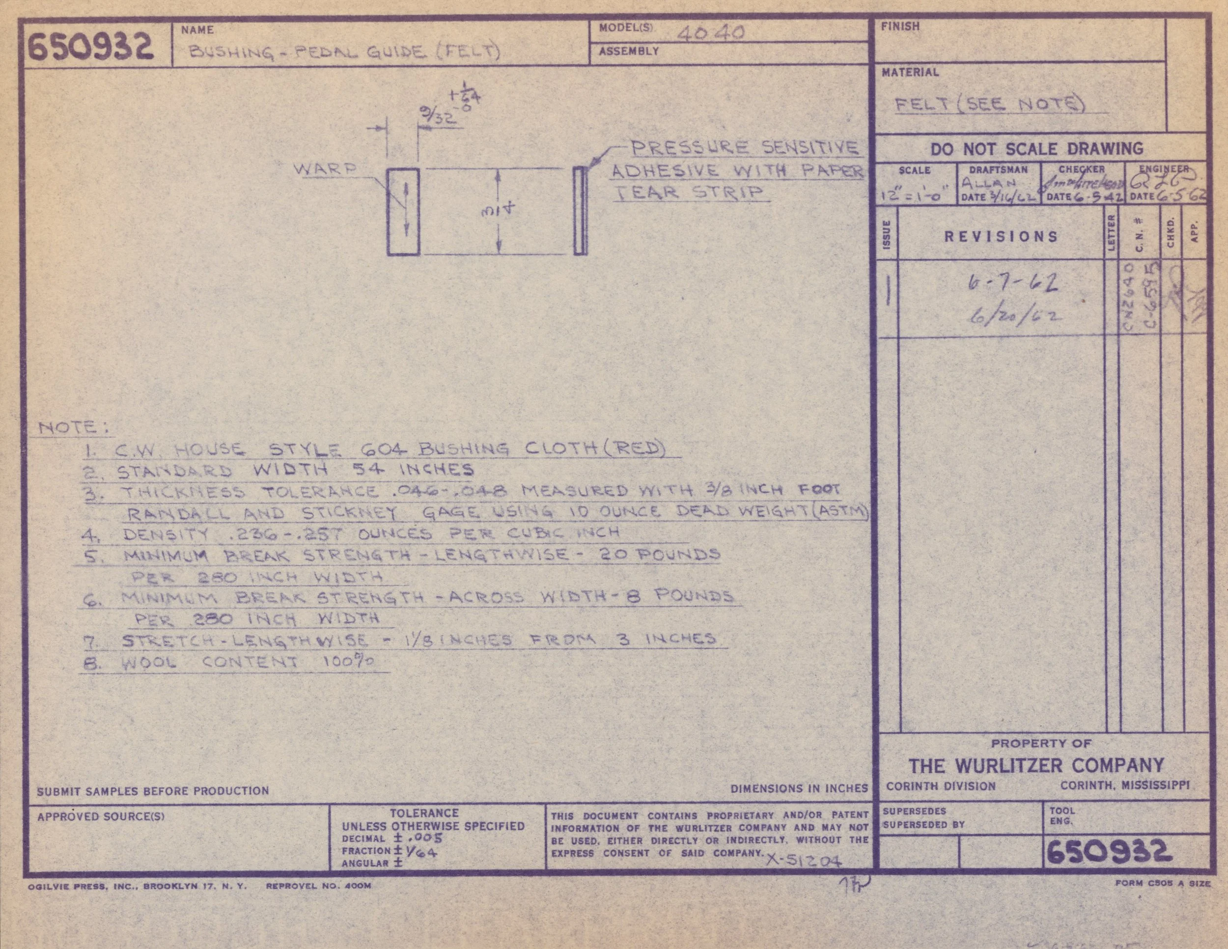Technical drawing of a bicycle pedal guide part, shown in blue ink on note paper with detailed measurements and specifications.