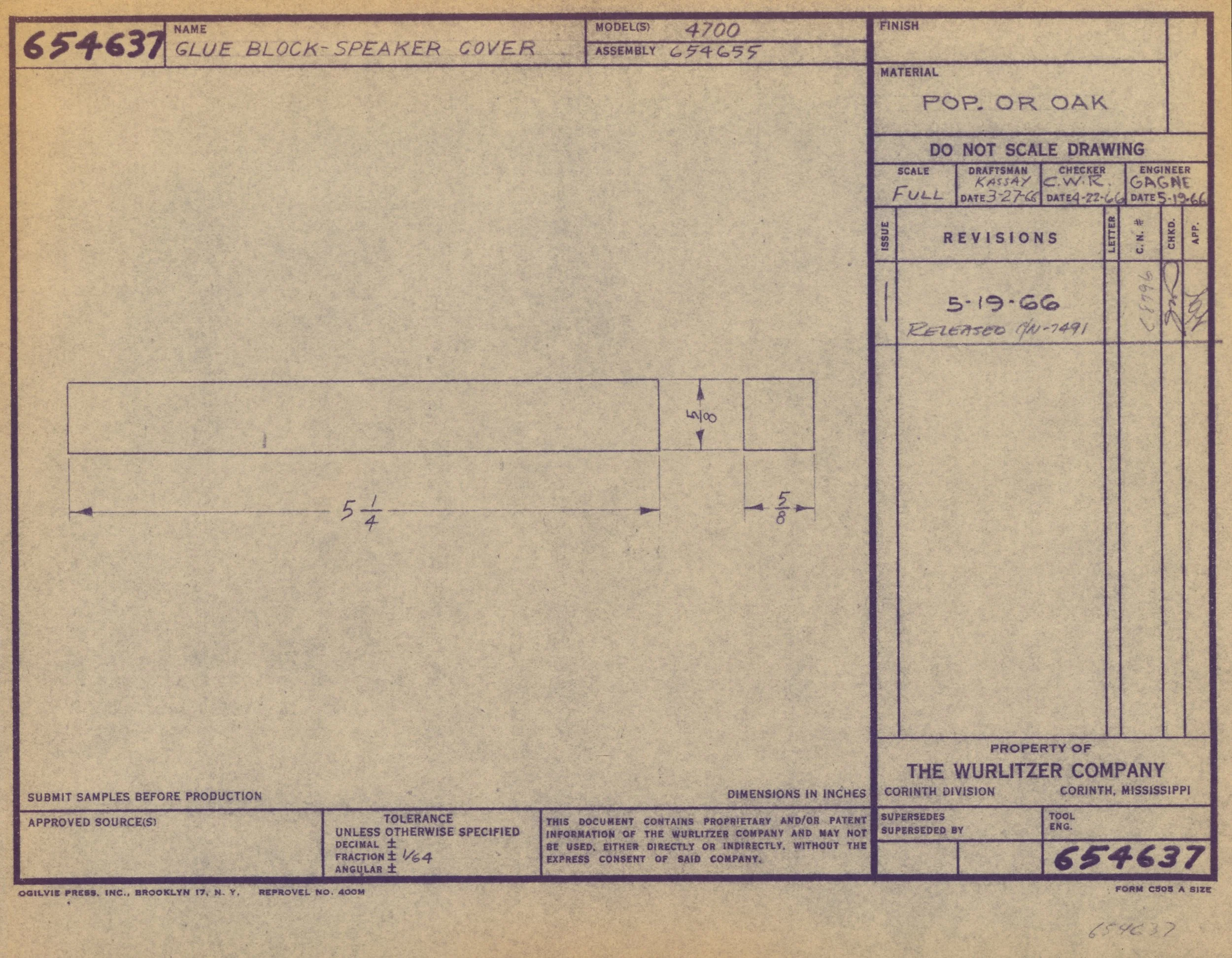 Blueprint or technical drawing of a glue block-speaker cover, including measurements and specifications from the Wurlitzer Company, with handwritten notes and signatures.