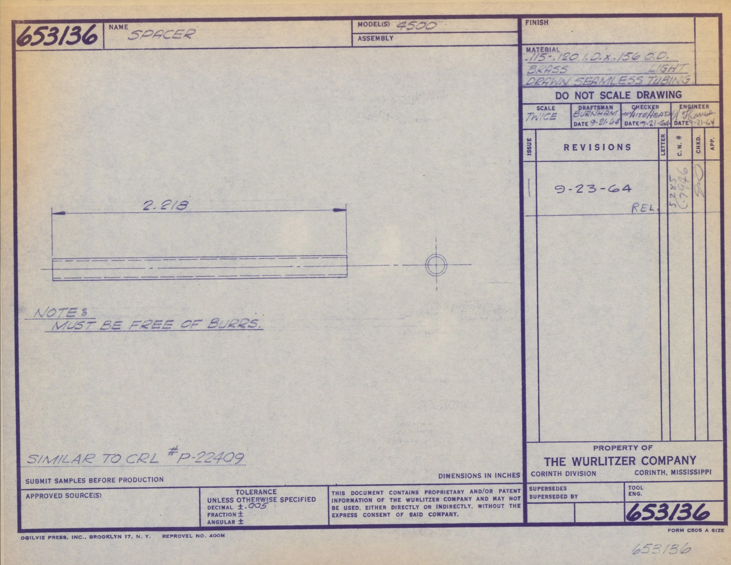 Technical blueprint or engineering drawing of a spacer part, with dimensions and notes, created by The Wurlitzer Company.