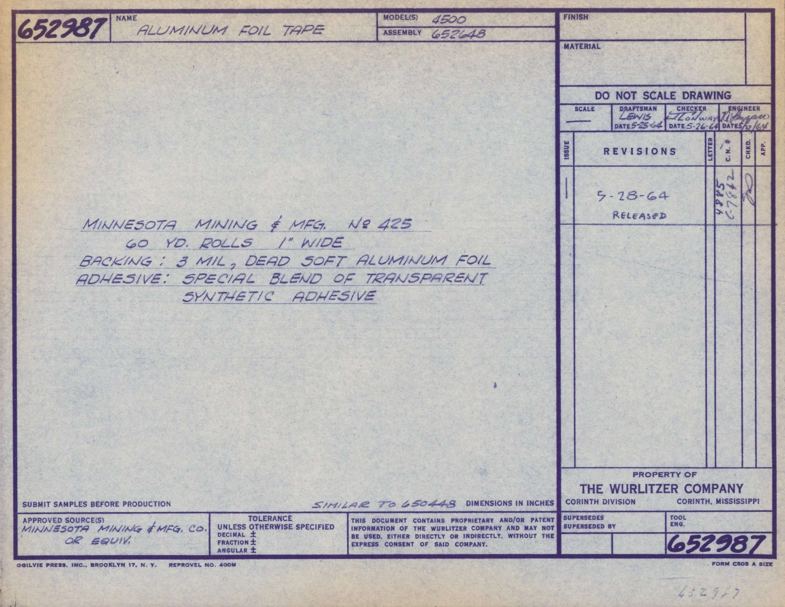 A technical drawing or blueprint for aluminum foil tape created by Minnesota Mining and Manufacturing Co. (3M). The document includes hand-written notes, signatures, and details about the product, such as model number 4500, assembly 652048, and manuf