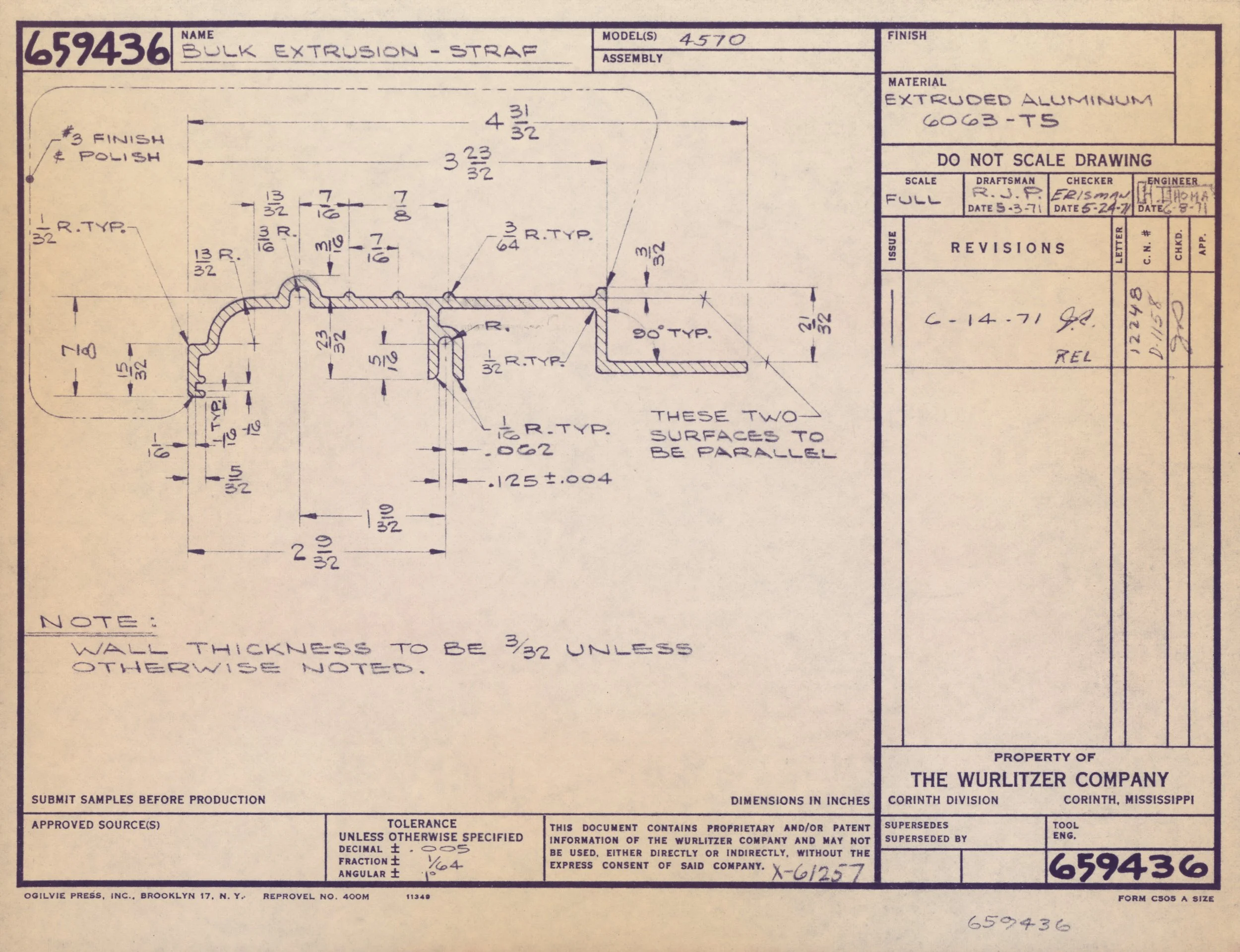 Technical engineering drawing of a bulk extrusion strap made of extruded aluminum, with detailed measurements and specifications