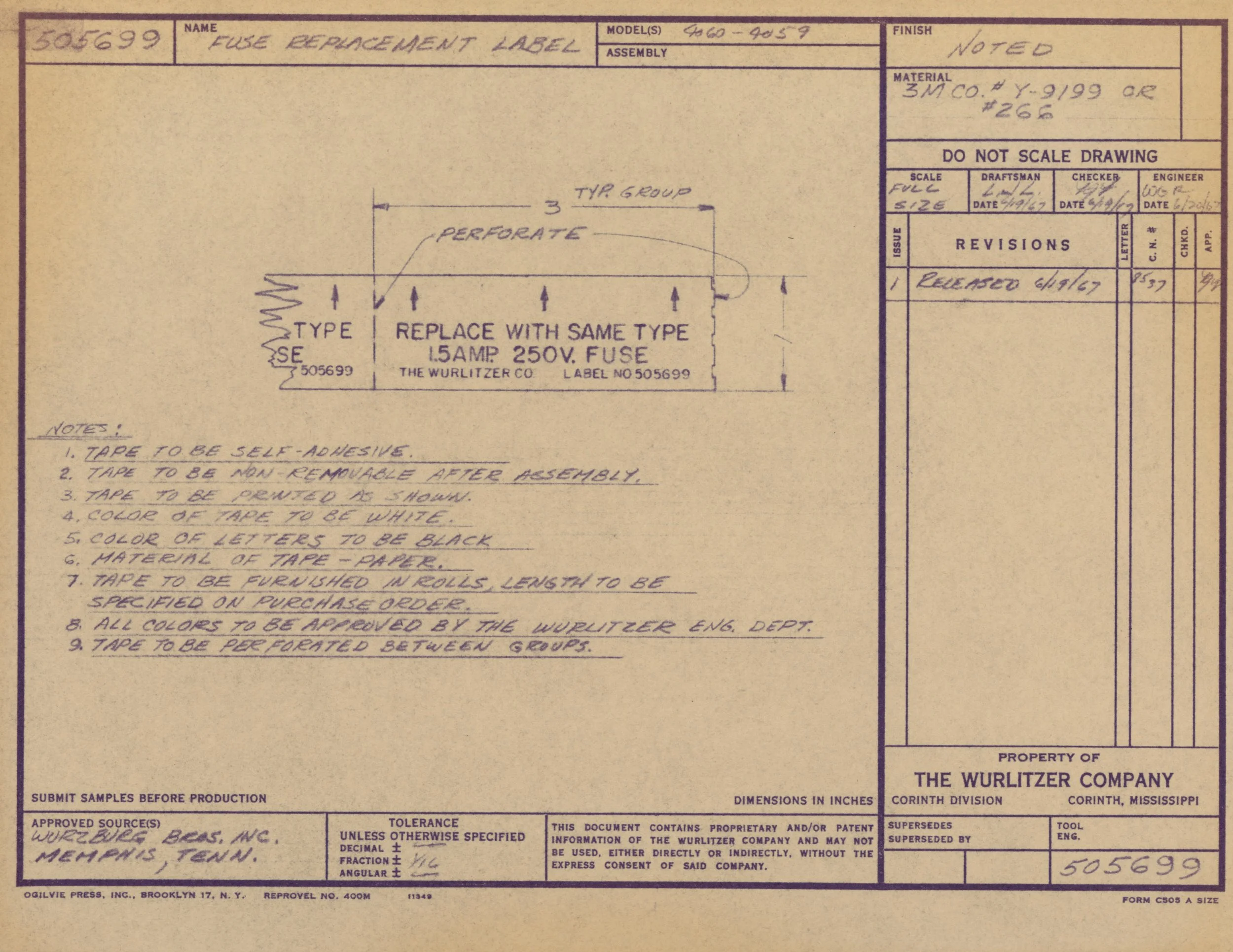 A technical drawing of a fuse replacement label with handwritten notes and specifications, including instructions for replacing and taping the fuse, along with handwritten revisions and approval stamps.