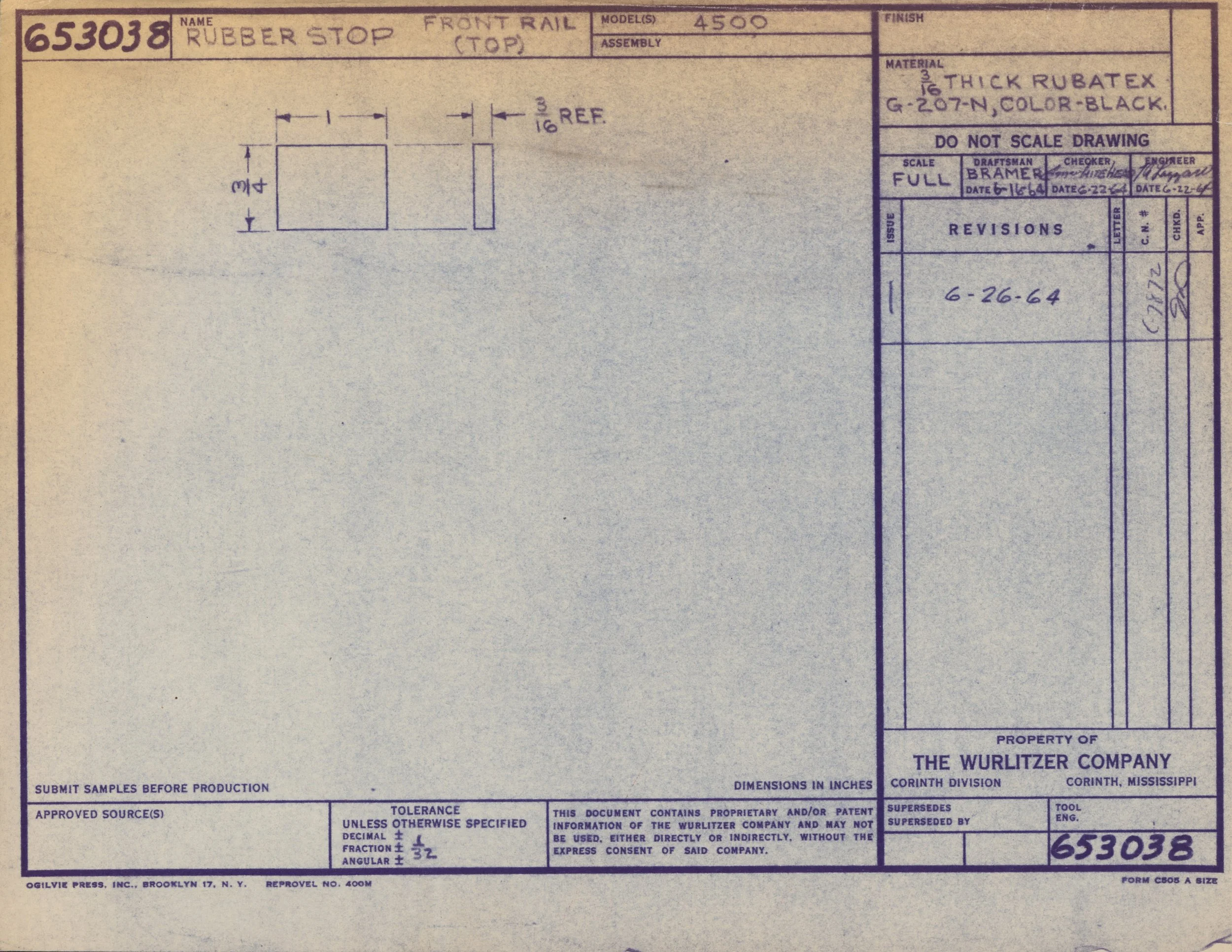 Blueprint of a rubber stop, showing technical specifications, measurements, and material details, created by The Wurlitzer Company.
