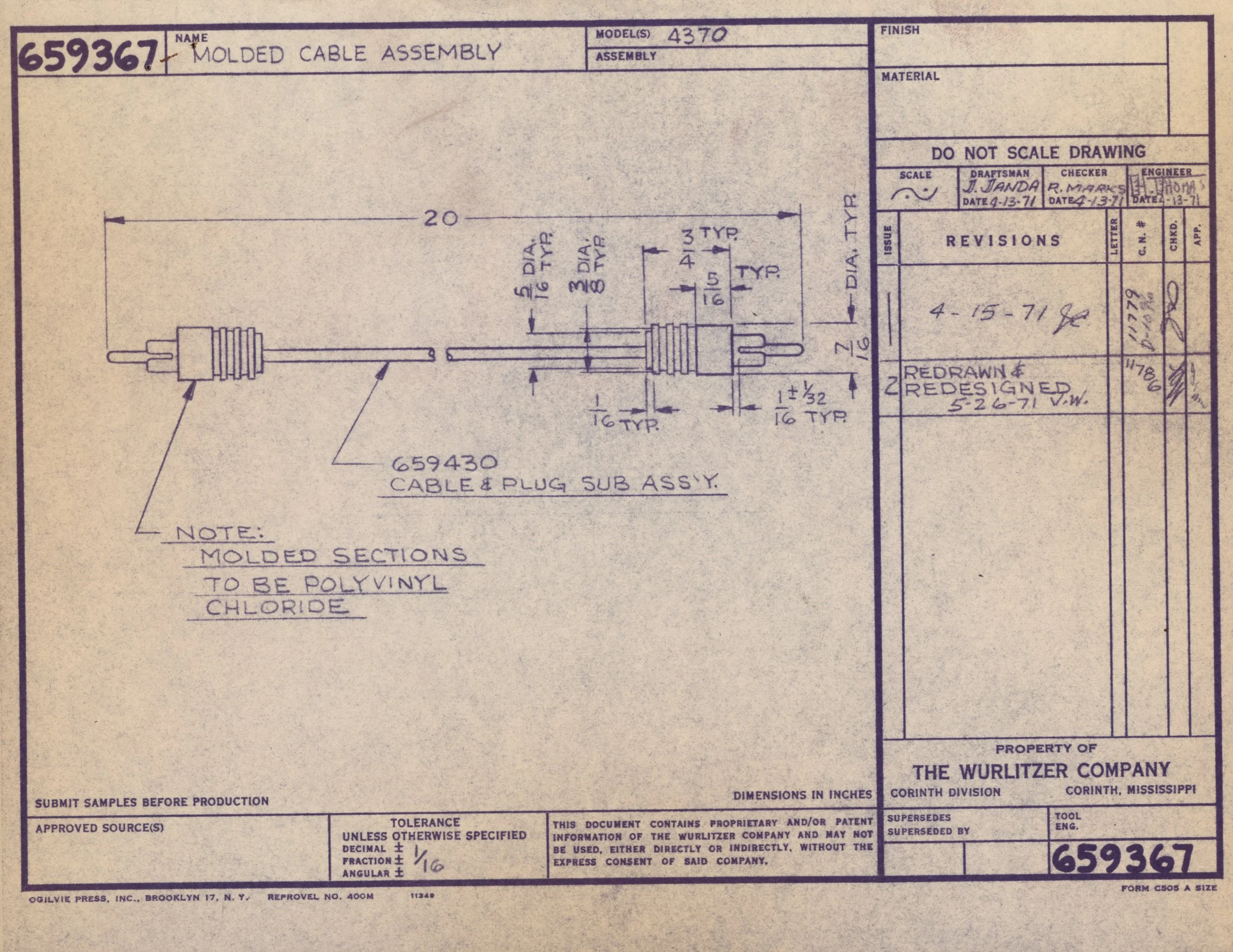 Technical drawing of molded cable assembly with detailed measurements and annotations from the Wurlitzer company, dated April 13, 1971.