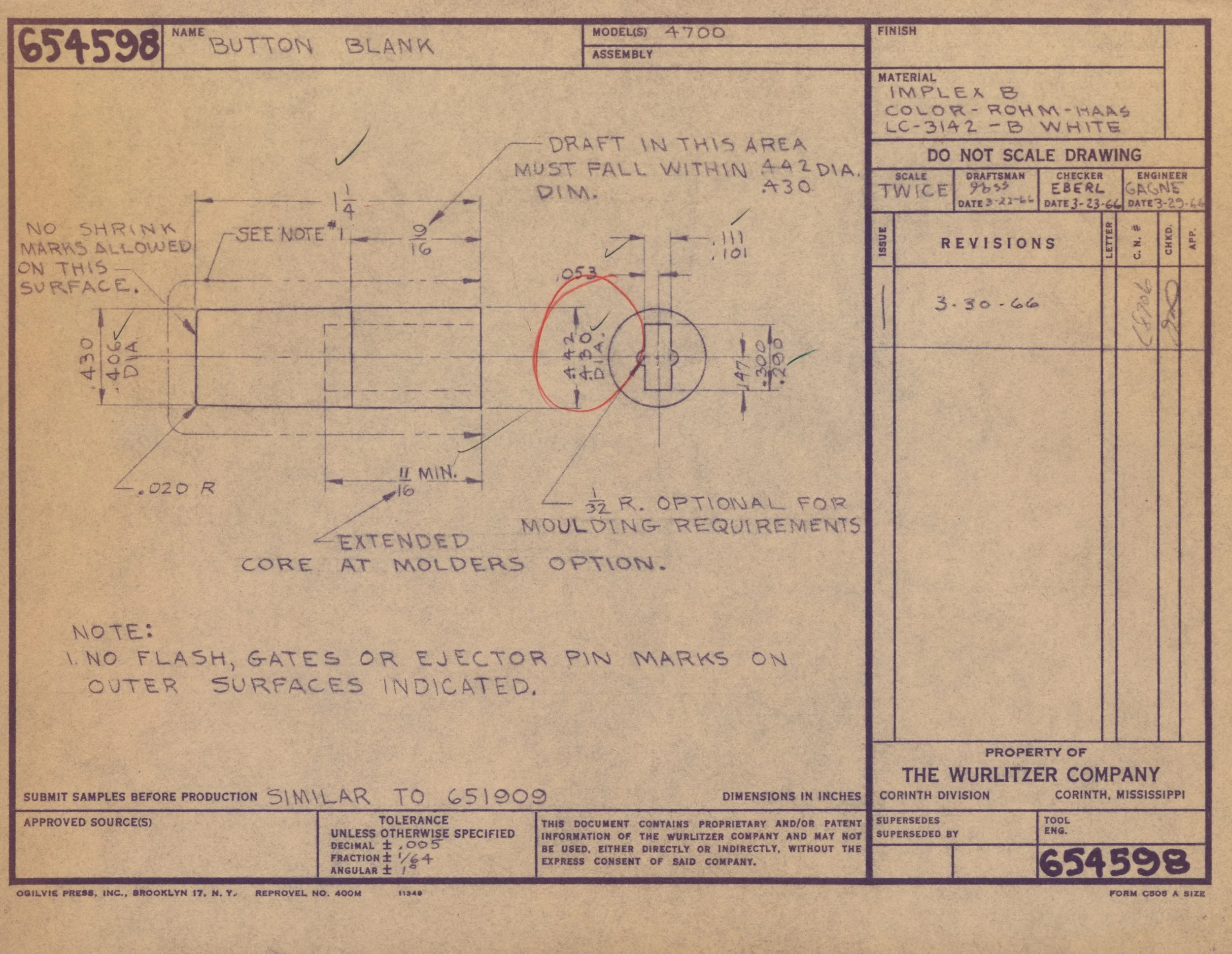 Technical drawing of a button blank with various measurements and notes, including instructions, material details, and approval stamps.