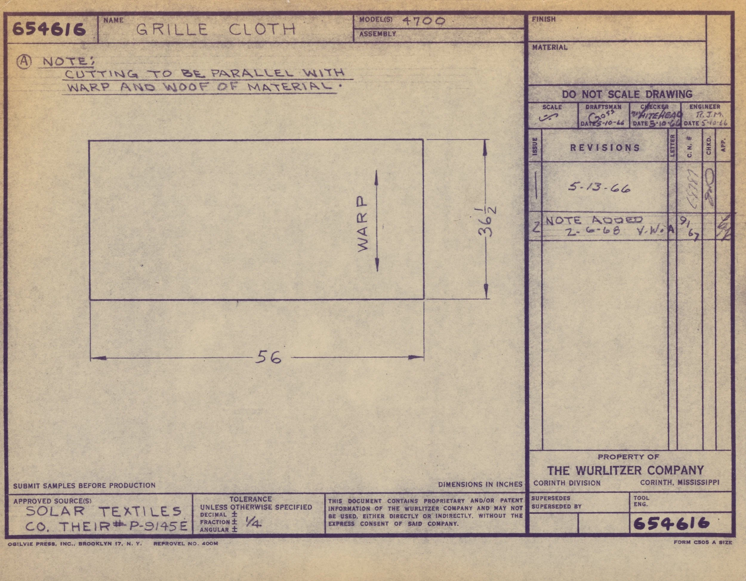 Technical drawing of a rectangular wire grill cloth with dimensions, notes, and revision details, property of The Wurlitzer Company, with the title 'Grille Cloth', model 4700, and date 5-13-66.