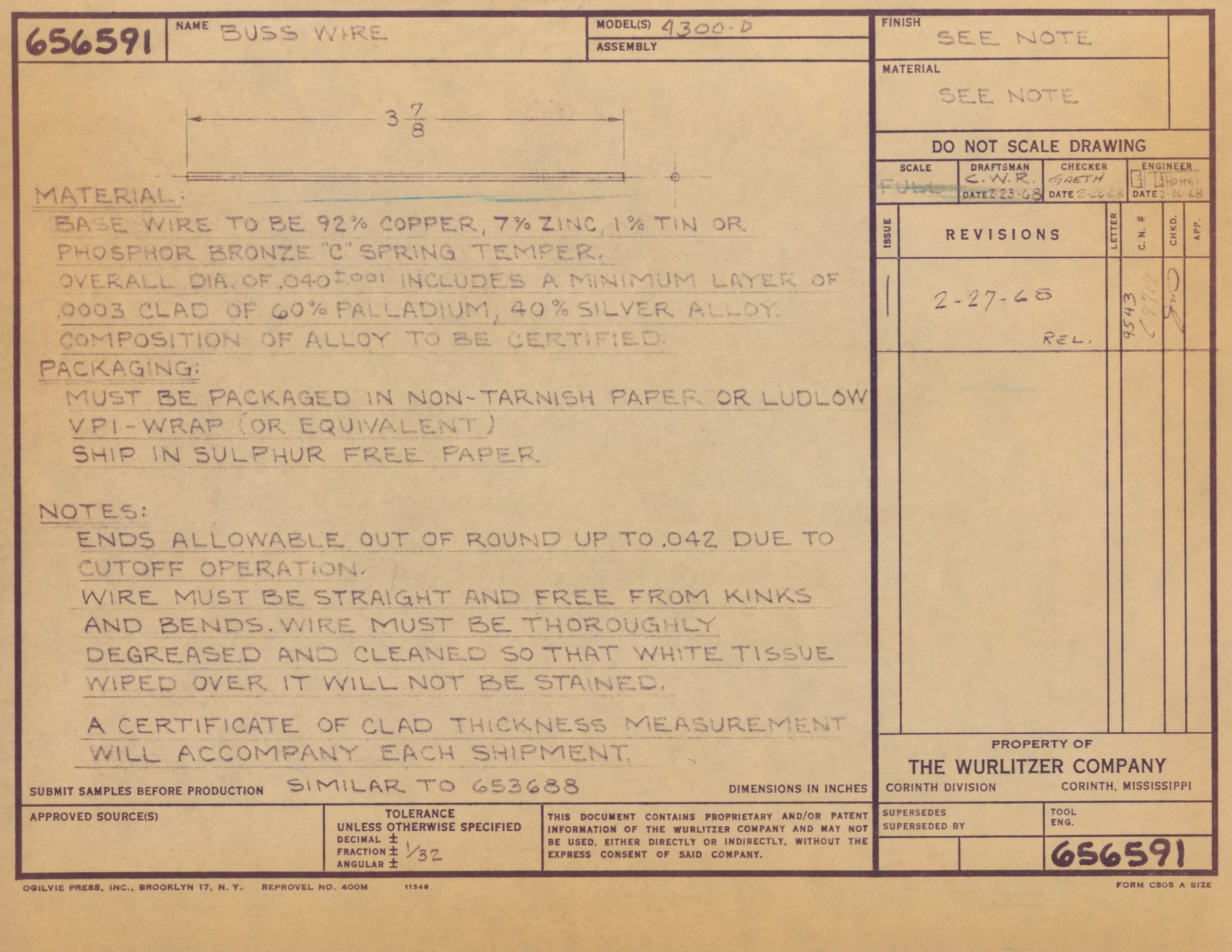 Technical drawing or blueprint of an electronic component with detailed specifications, measurements, and instructions for manufacturing, created by The Wurlitzer Company.