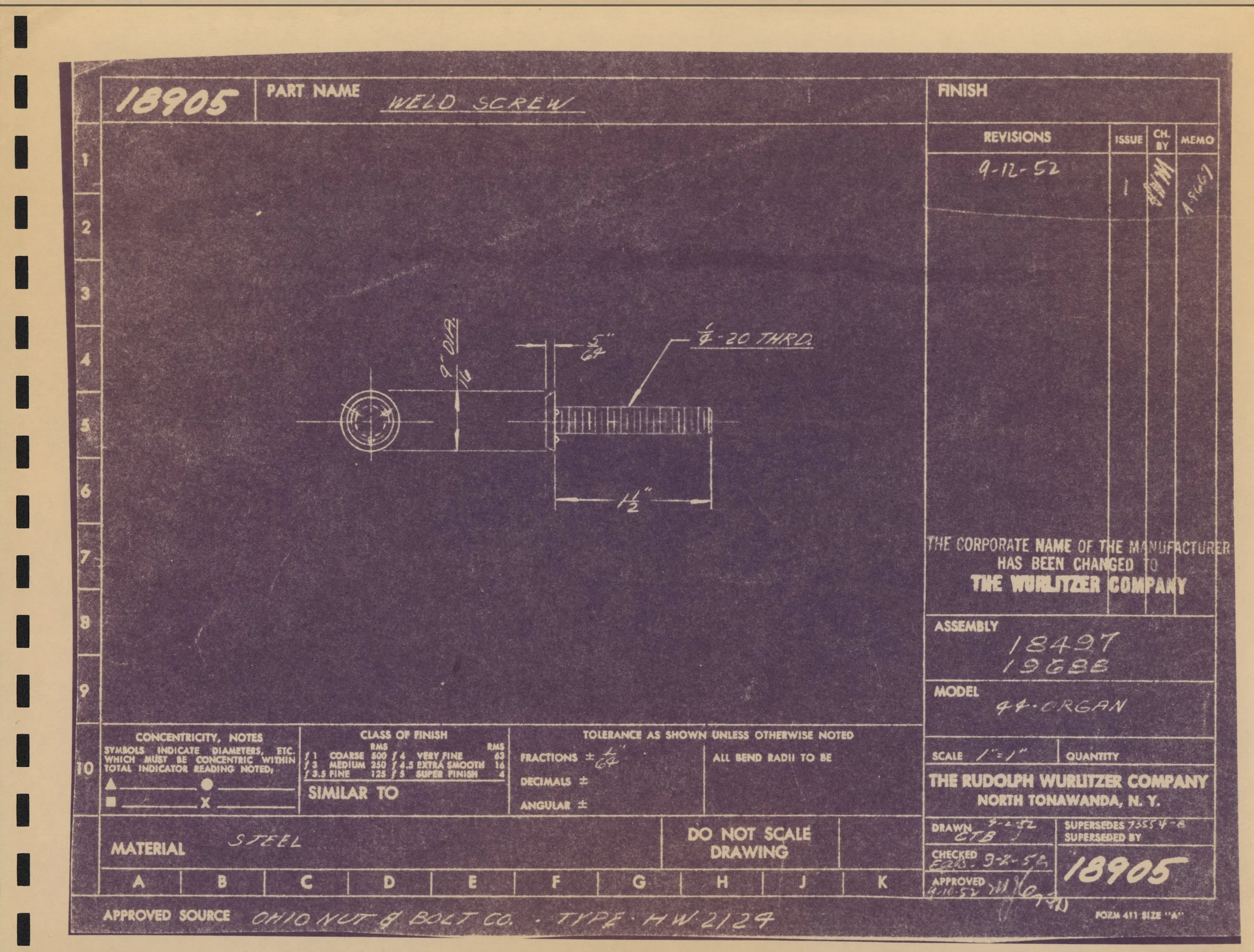 Blueprint drawing of a weld screw part with detailed measurements and specifications, including revision date 9-12-52.