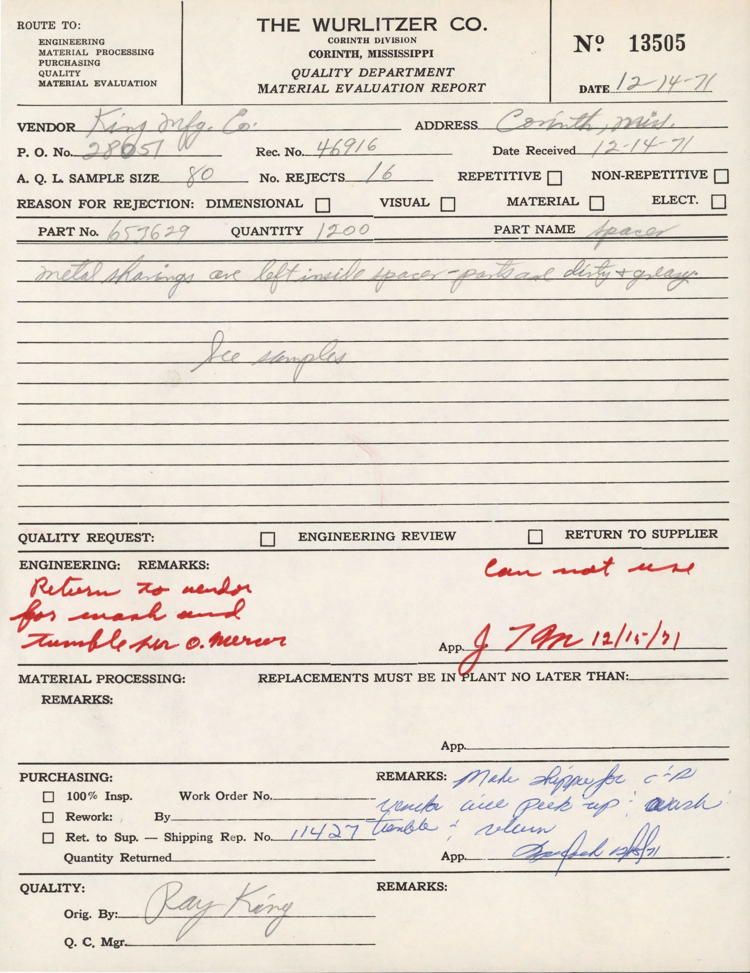 A vintage material evaluation report form from The Wurlitzer Co. in Corinth, Mississippi, dated December 14, 1971, containing handwritten notes and signatures about a batch of parts.