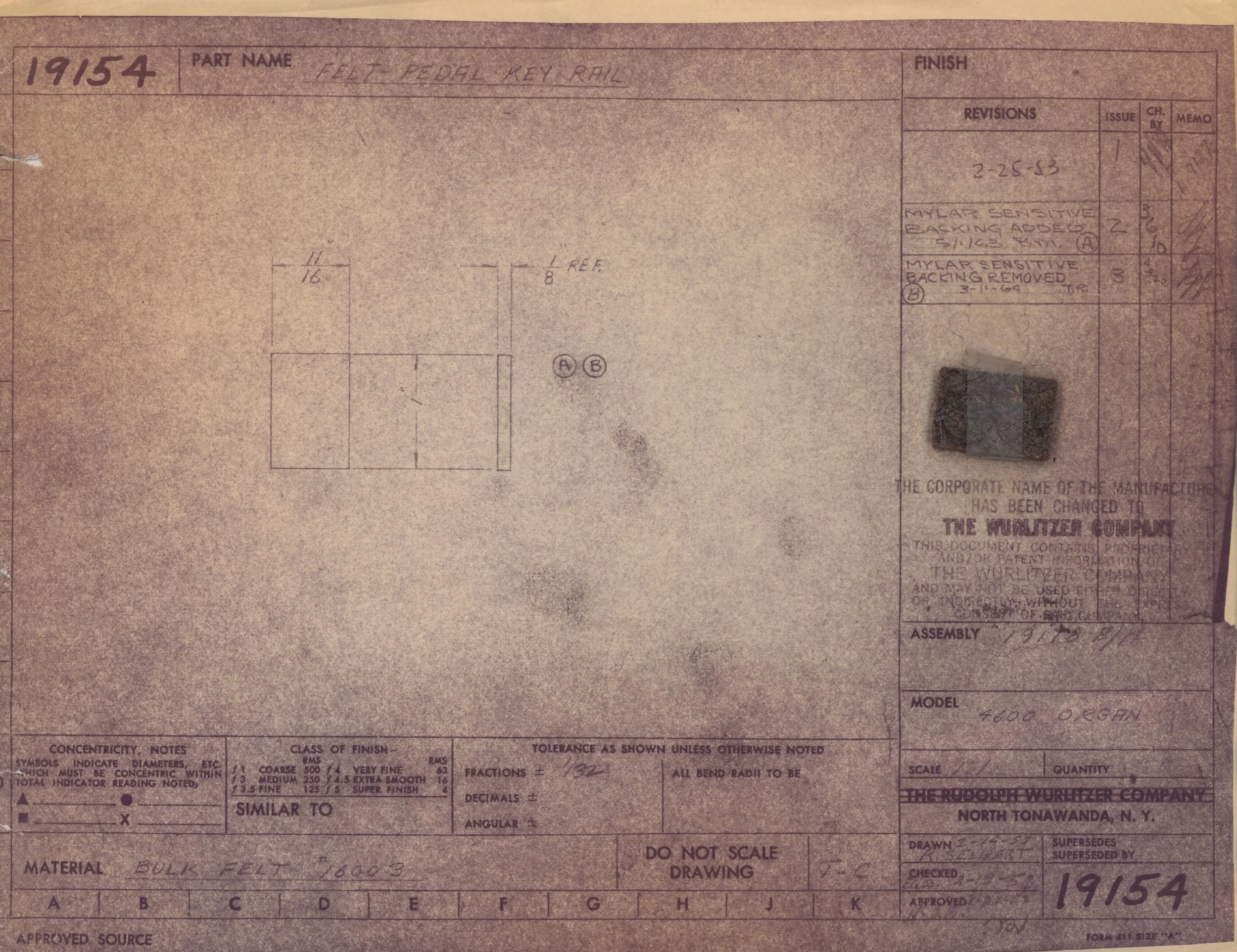 Technical blueprint or engineering drawing of a part labeled as 'FEEL PEDAL KEY RAIL', with dimensions and notes, from The Rugelz Wurizer Company in North Tonawanda, NY.