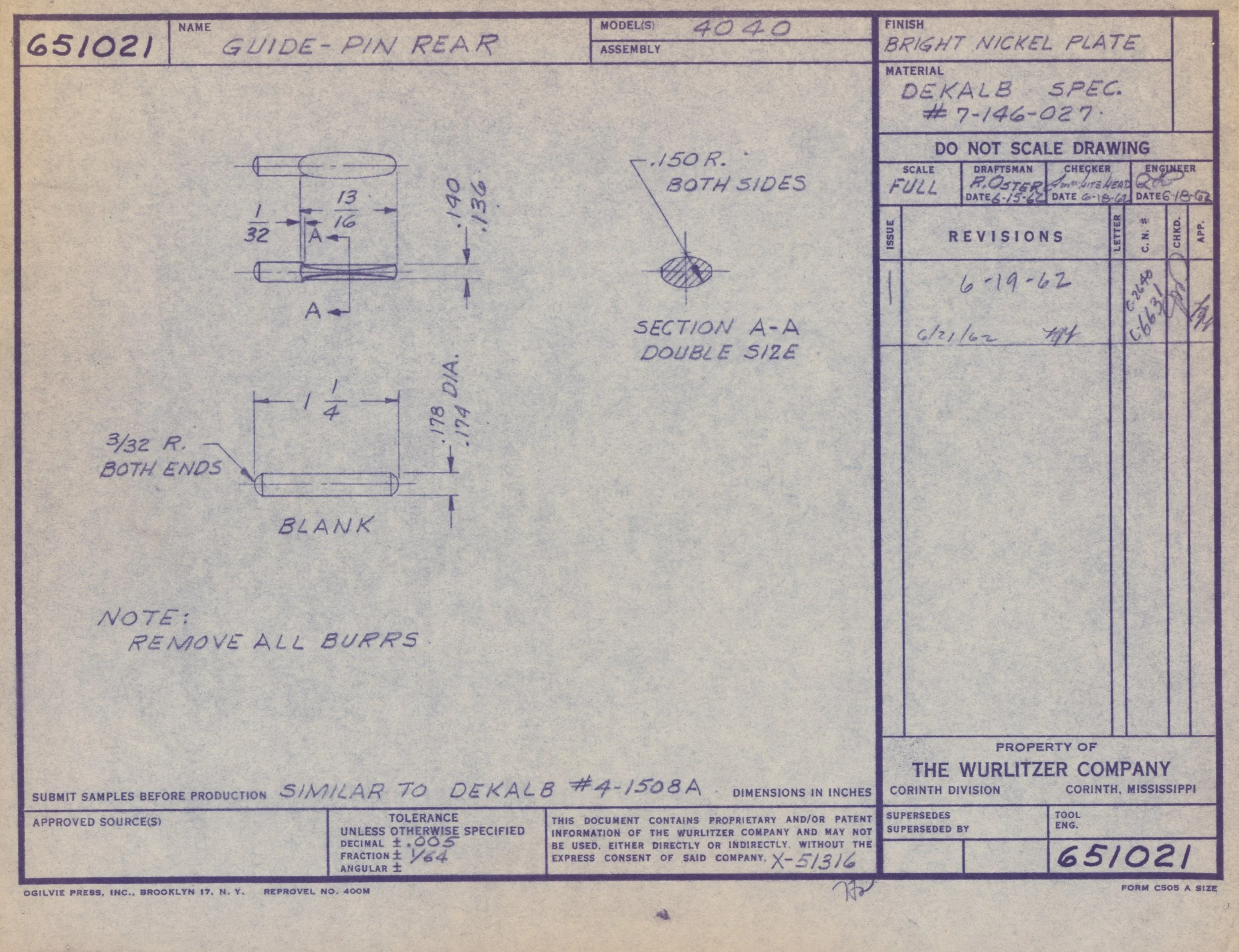 Technical blueprint of a guide pin for the rear, showing detailed measurements and cross-sectional views, with annotations for manufacturing specifications.