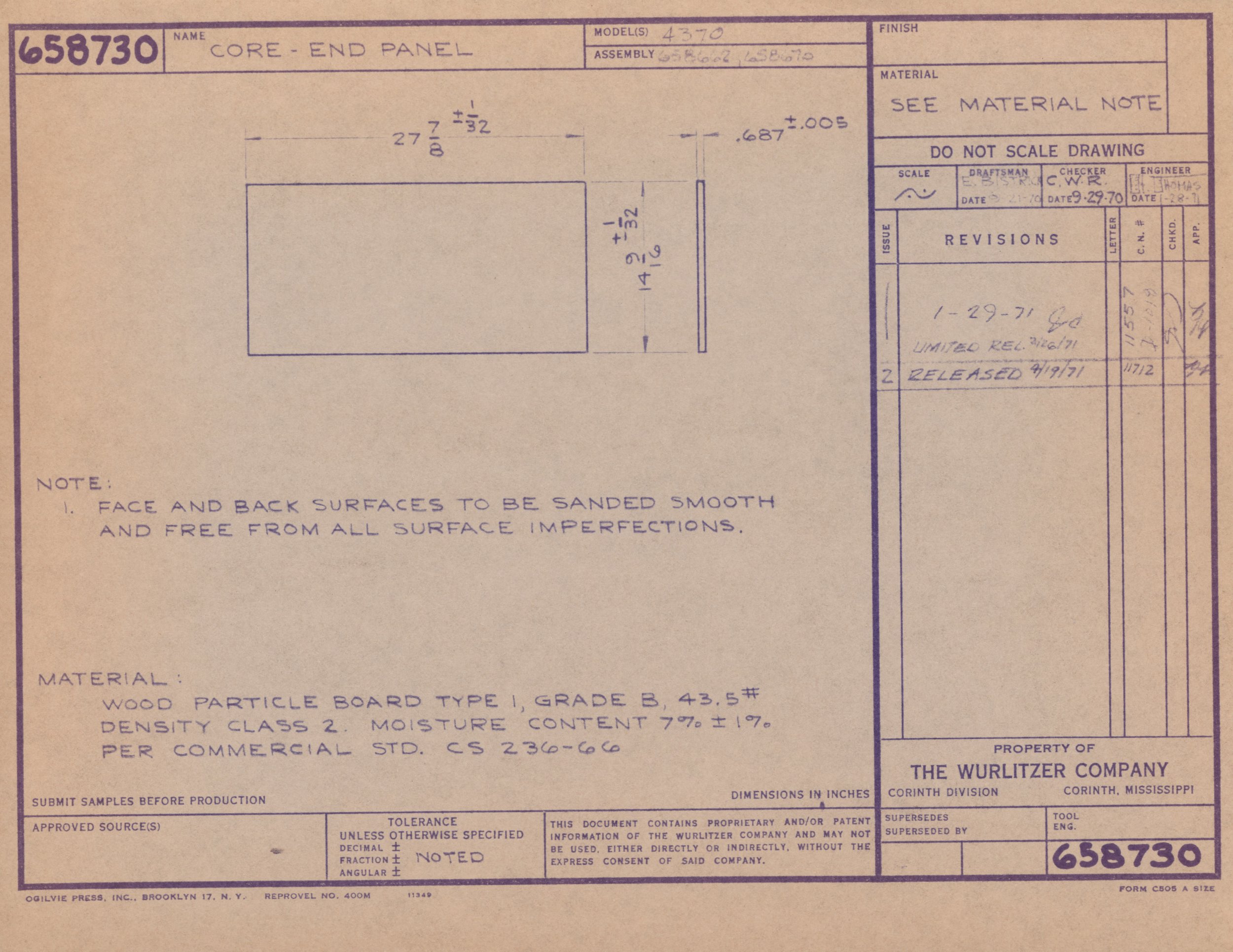 Technical engineering blueprint for a core-end panel, detailing dimensions, materials, and specifications, with handwritten notes and revision stamps.