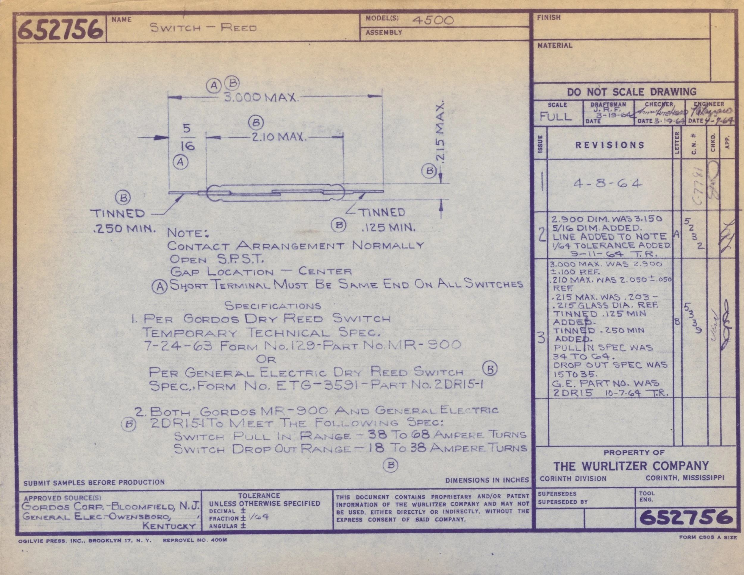Technical engineering drawing for a switch in red, showing measurements, notes, and revision details, from The Wurlitzer Company.