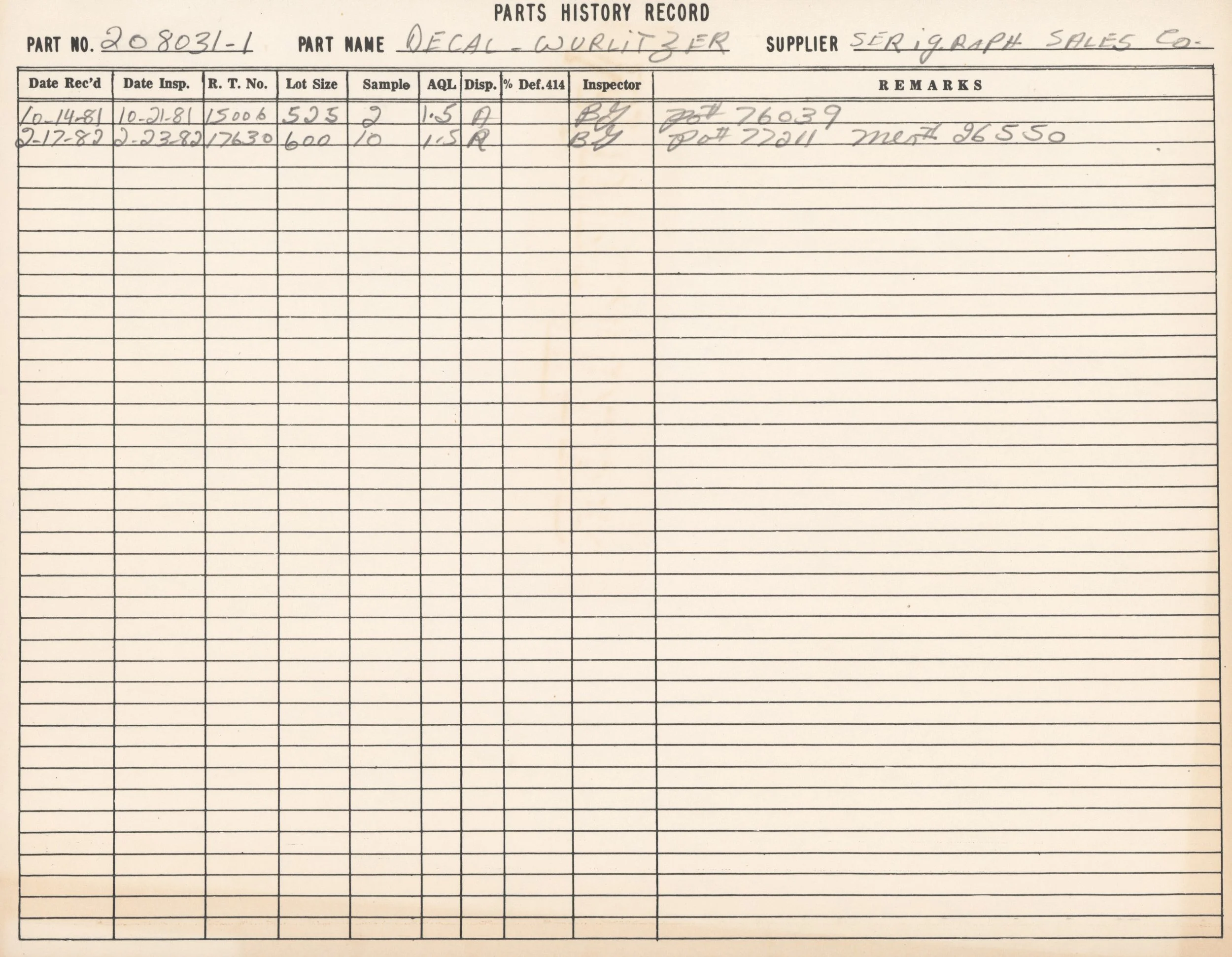 A handwritten record titled 'Parts History Record' showing details for a part named 'Decal - Writter,' with dates, part numbers, sample numbers, and inspector signatures listed in various columns.