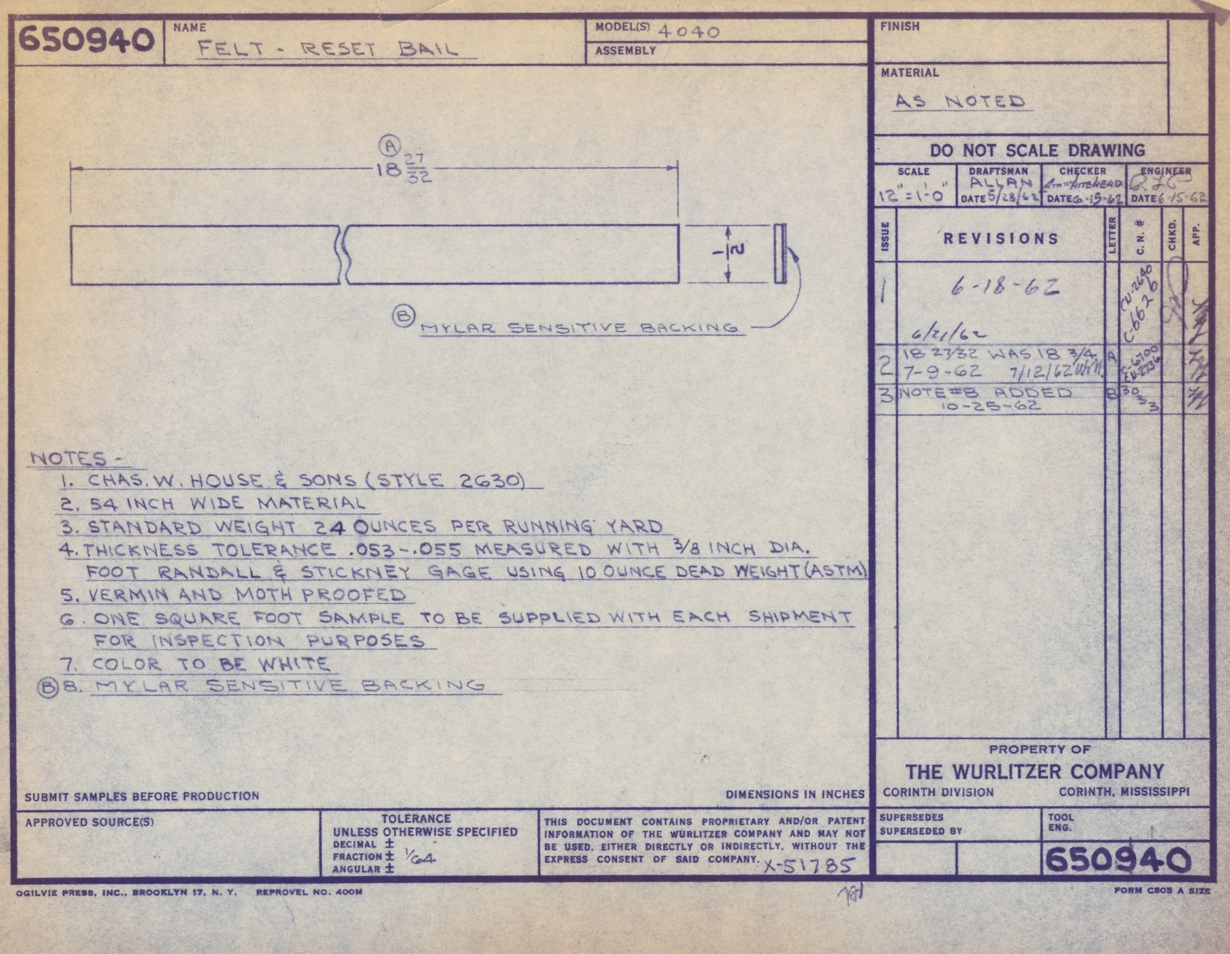 Technical drawing with handwritten notes and measurements for a felt reset bail, including dimensions, material specifications, and revision history.