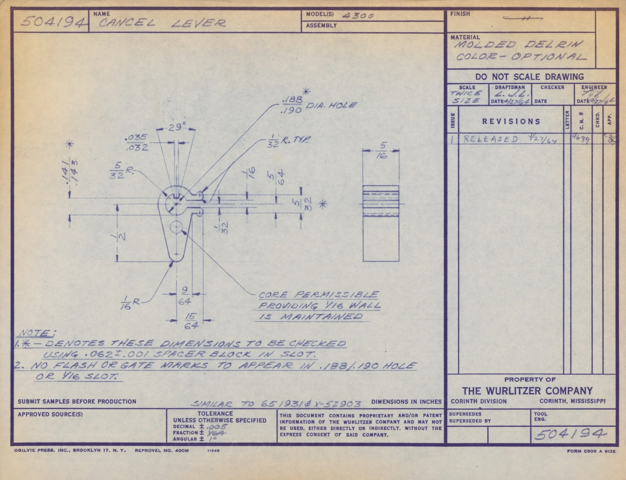 Technical diagram of a cancel lever part, detailing dimensions, angles, holes, and specifications for manufacturing and assembly.