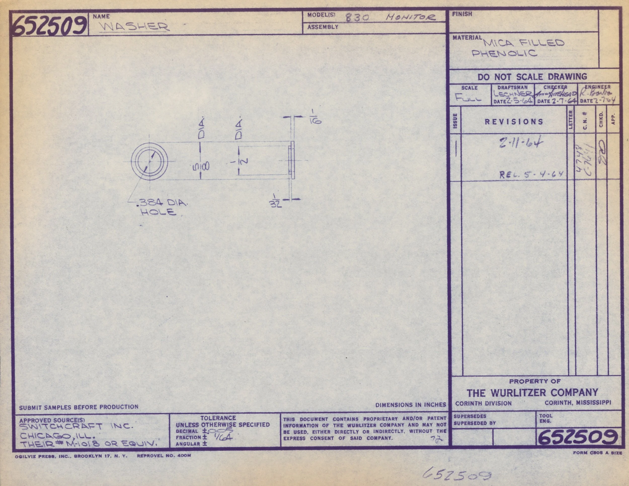 Technical drawing of a washer with labeled dimensions and notes, including material "mica filled phenolic" and manufacturer information.
