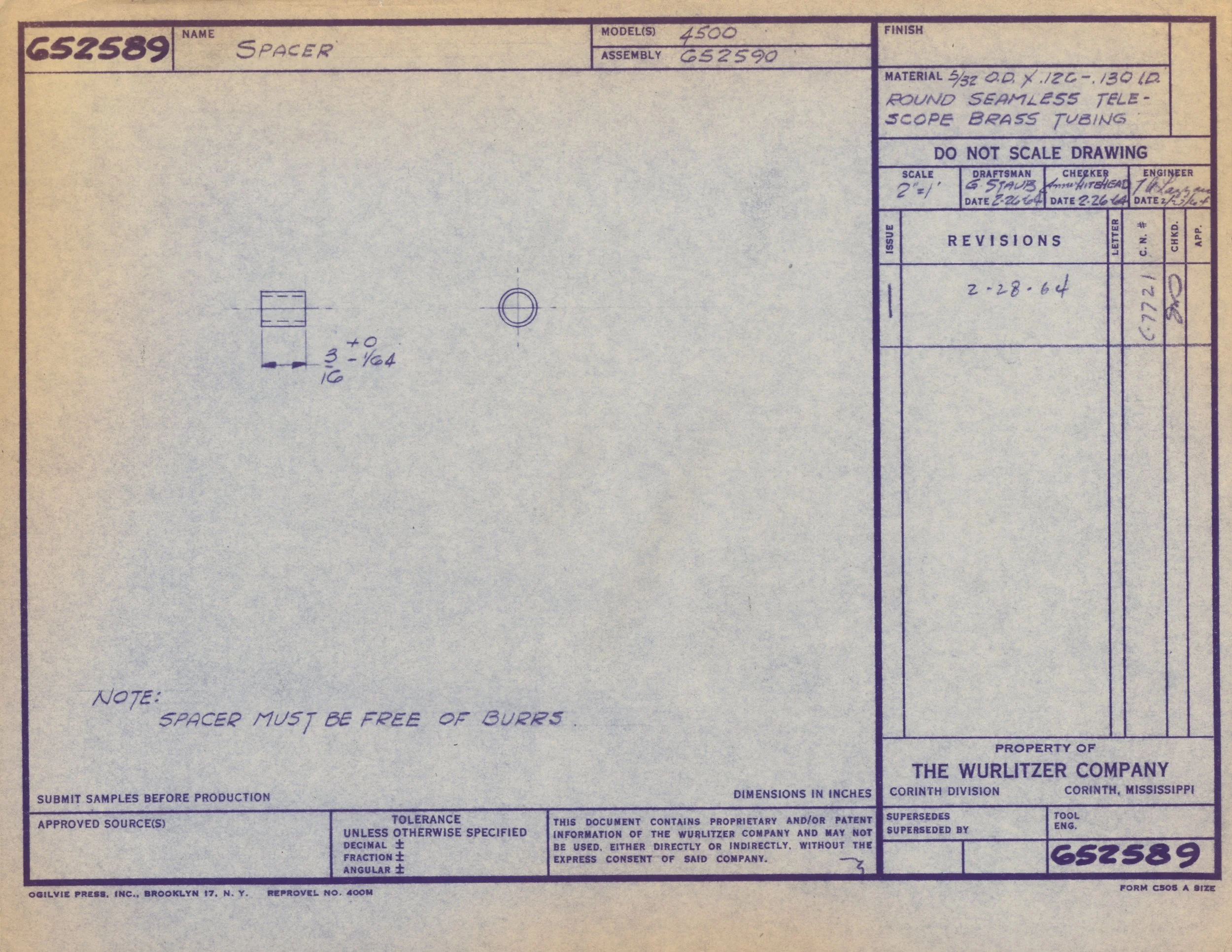 Technical blueprint or engineering drawing for a spacer part. The document includes details such as the model number 4500, assembly number 652590, material specifications, and notes about the spacer being free of burrs. It features hand-written signa